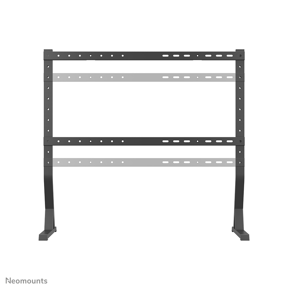 Un supporto TV scuro e autoportante con due barre di supporto.