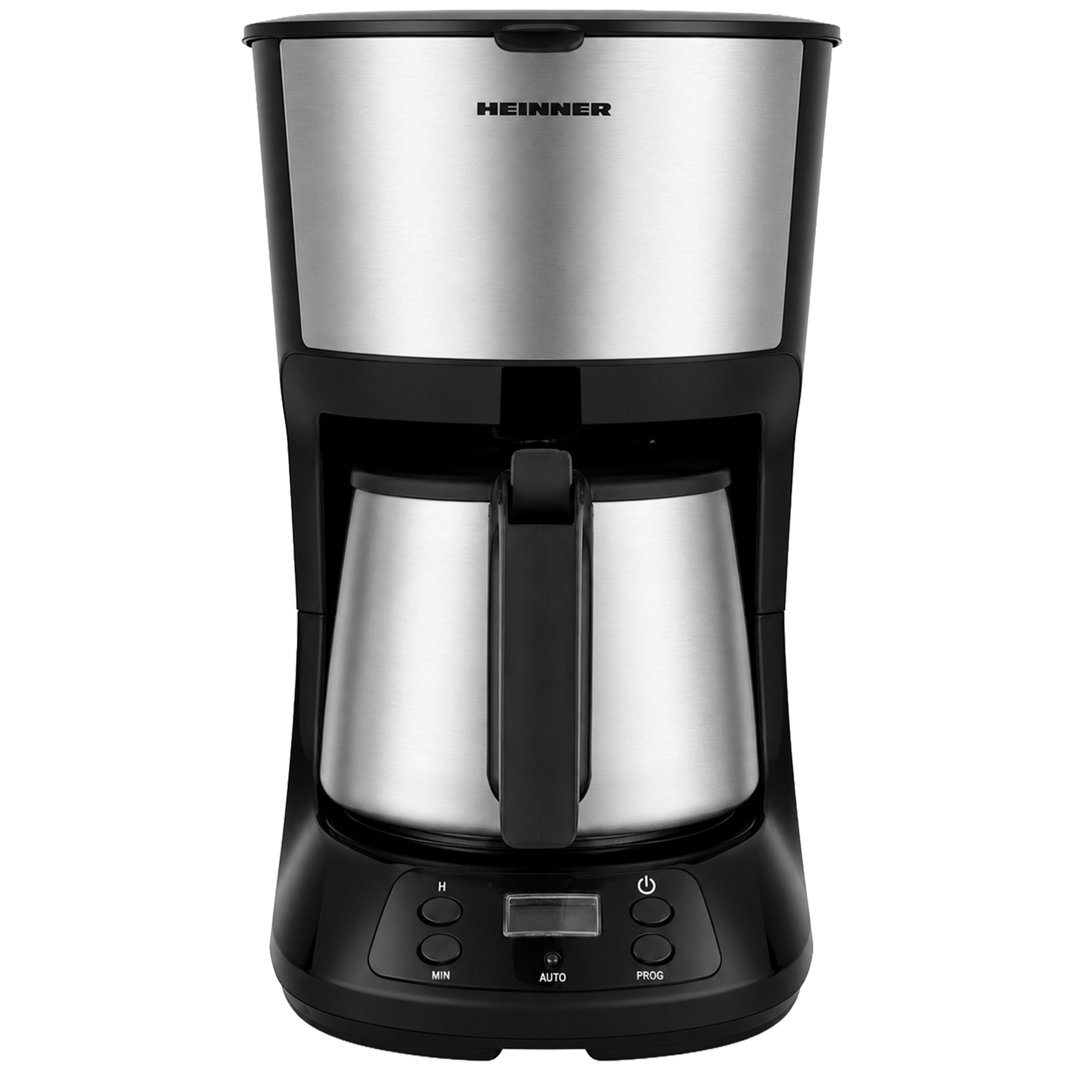 Cafetière Heinner noire avec verseuse métallique et panneau de commande.