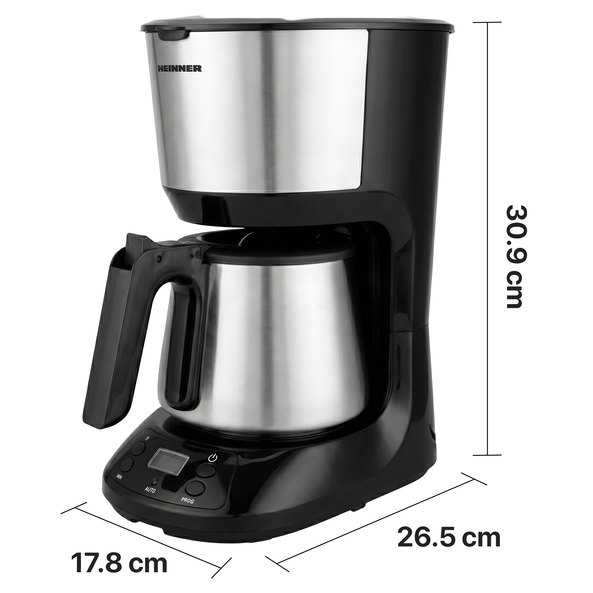 Cafetière noire en acier inoxydable avec verseuse, dimensions 30,9x26,5x17,8 cm.