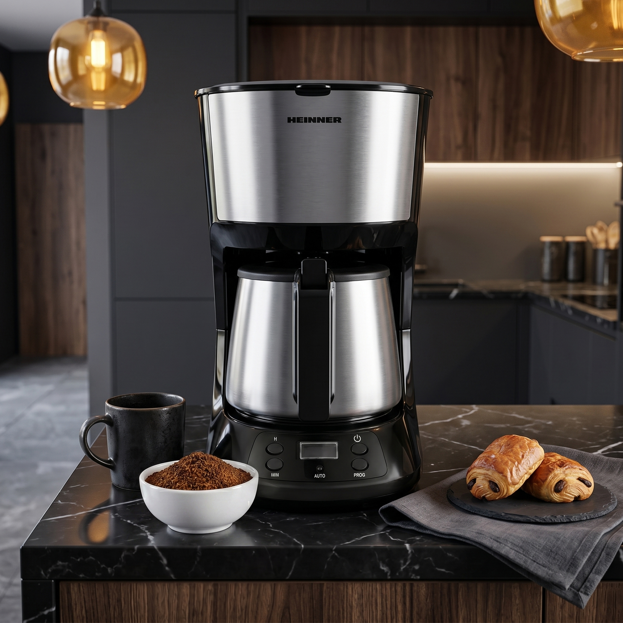 Cafetière avec carafe, tasse, marc de café et pâtisseries sur un comptoir en marbre.