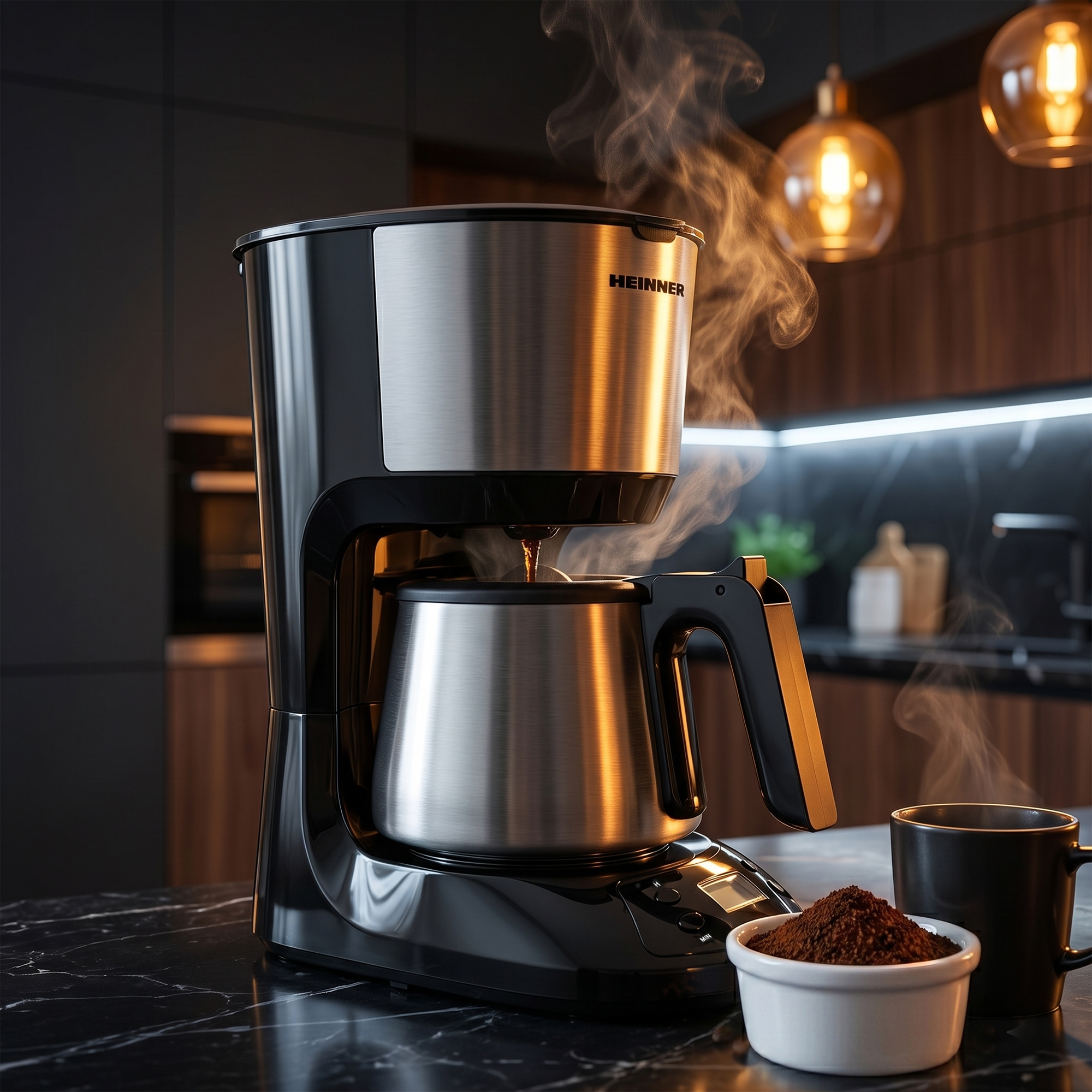 Une cafetière fumante avec une carafe et du café moulu sur un comptoir en marbre.