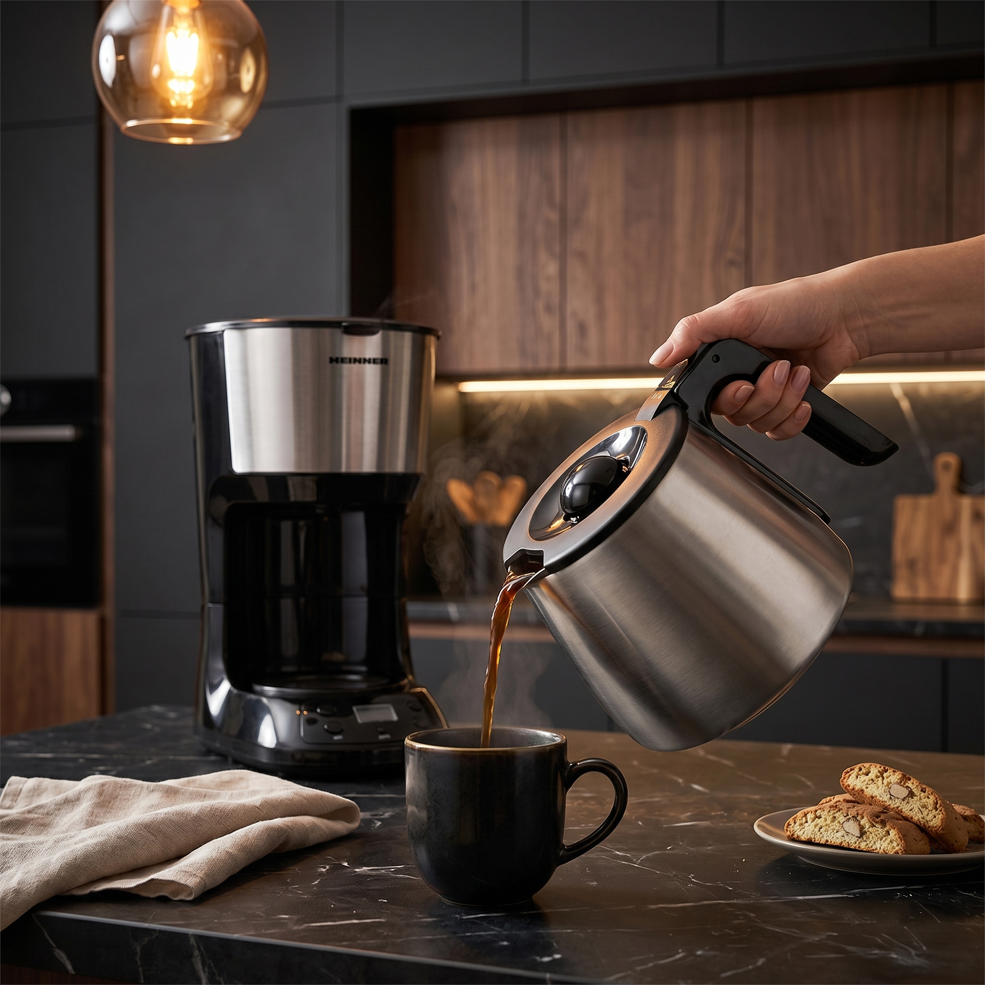 Une main verse du café d'une verseuse dans une tasse à côté d'une cafetière.