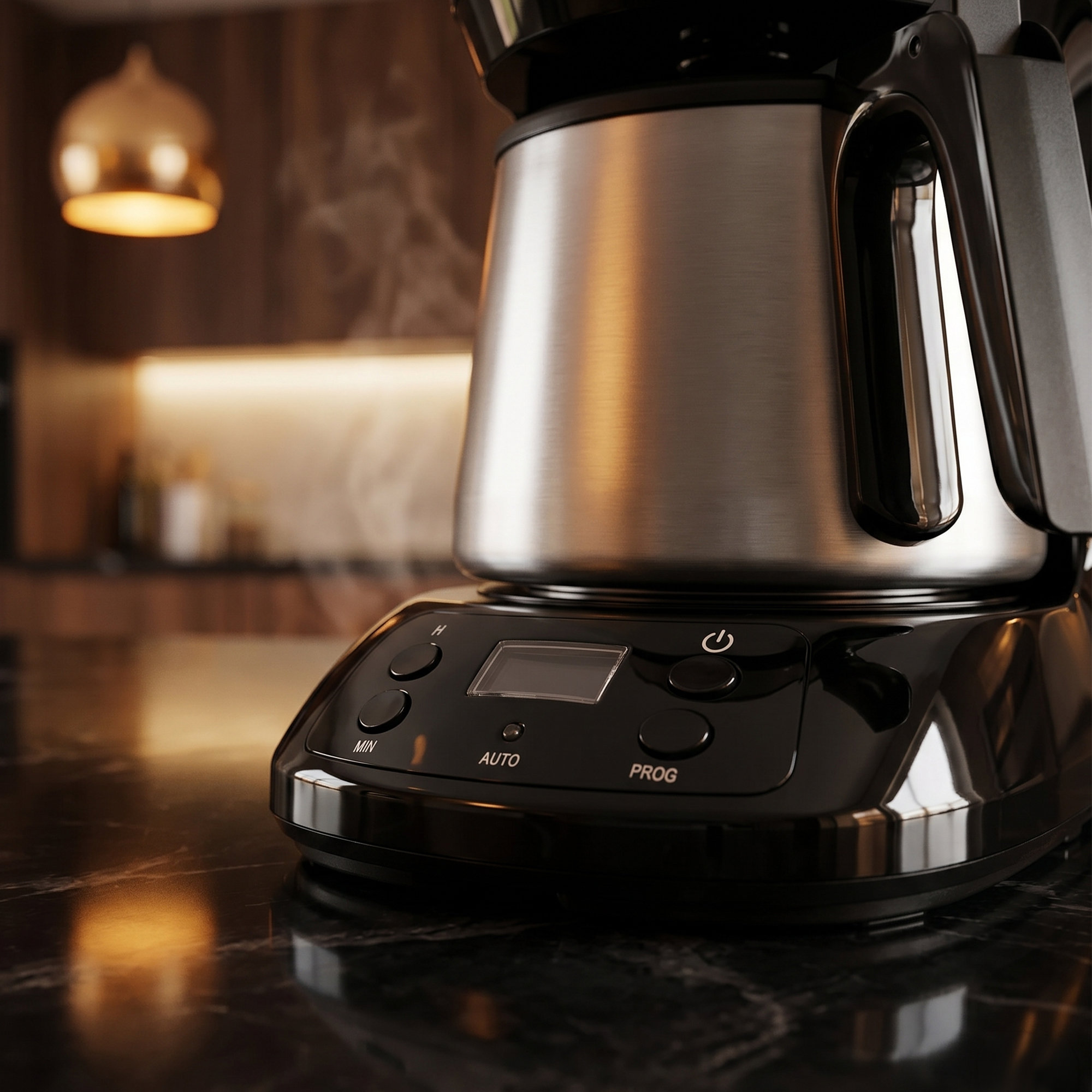 Une cafetière argentée moderne avec panneau de commande noir, de la vapeur s'élève.
