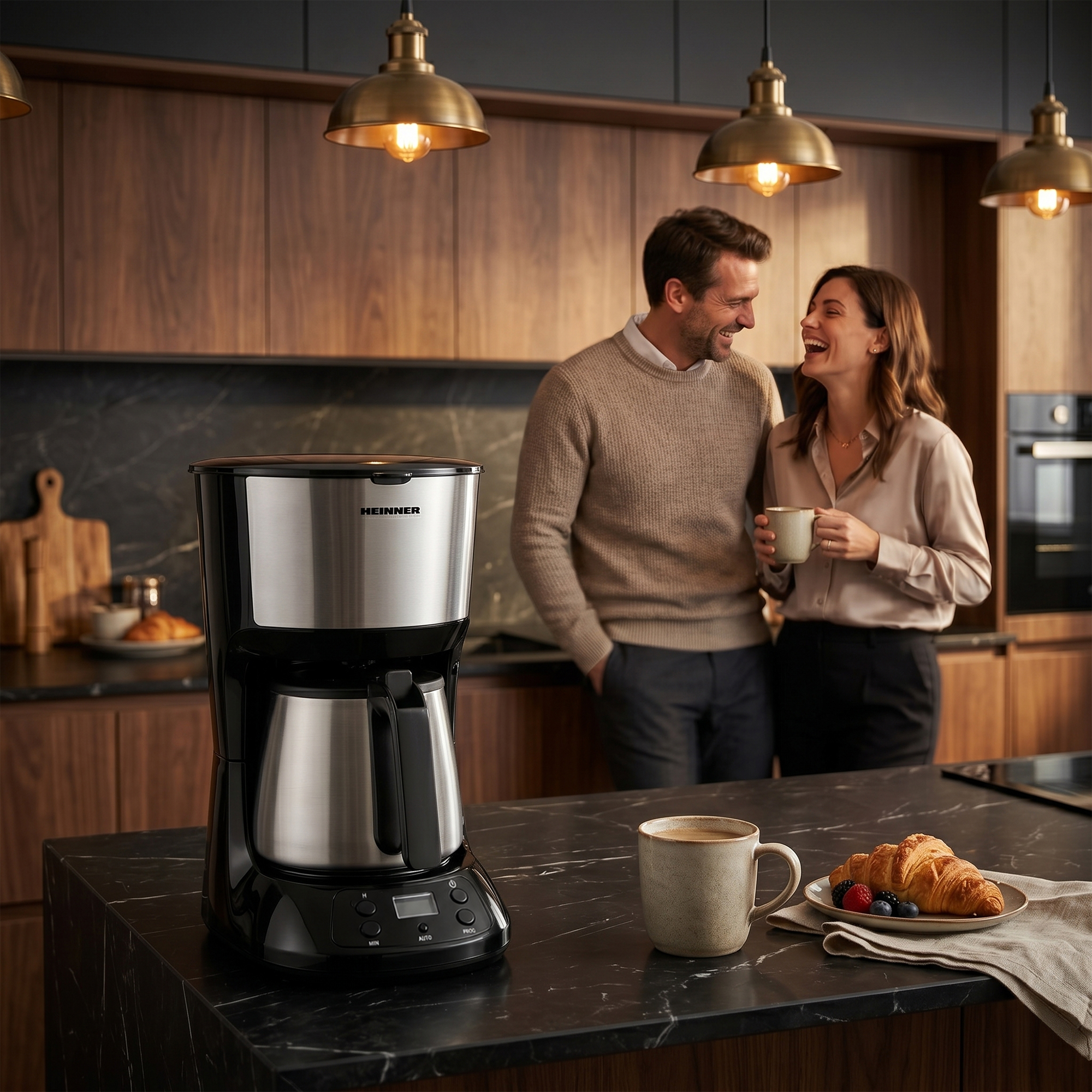 Cafetière sur comptoir en marbre, couple riant en arrière-plan.