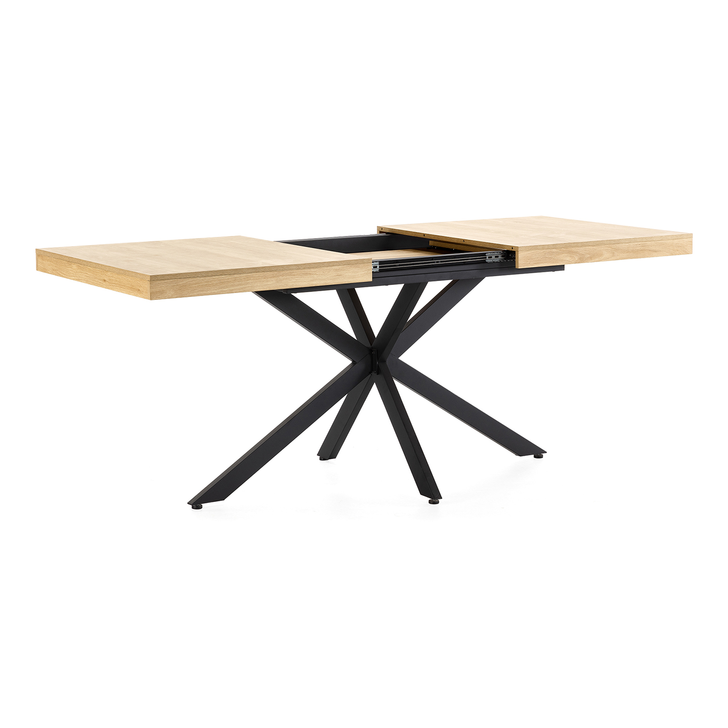 Mesa extensible de madera con base de estrella negra sobre fondo blanco.