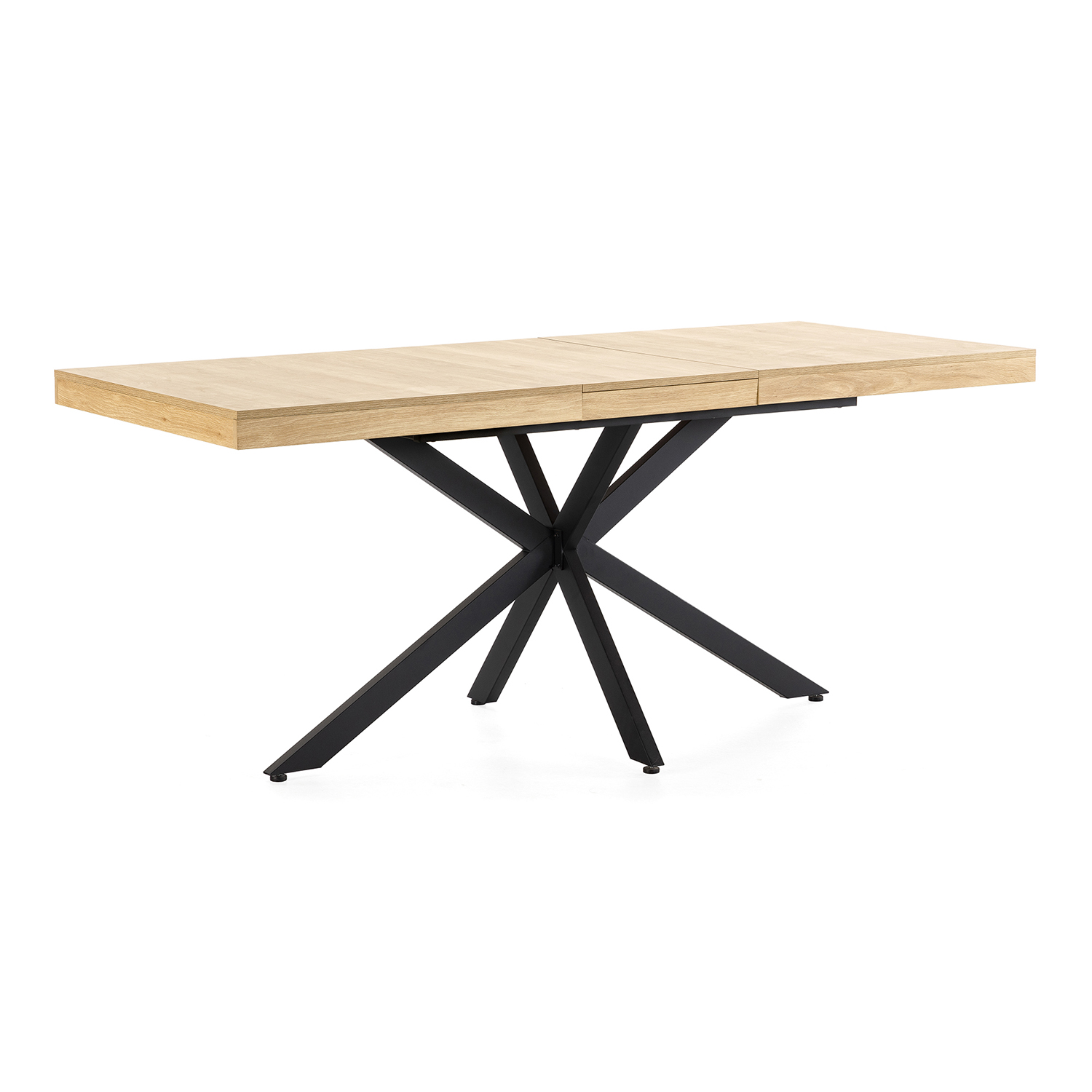 Mesa rectangular de madera con base de metal negro sobre fondo blanco.
