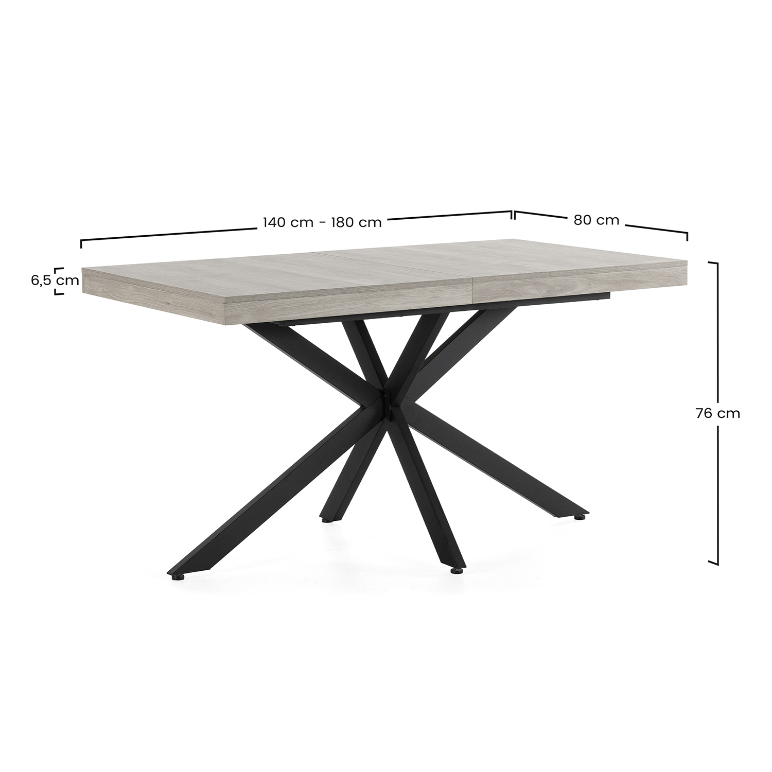 Mesa de comedor extensible con tapa de madera gris y base de estrella negra. Dimensiones mostradas.