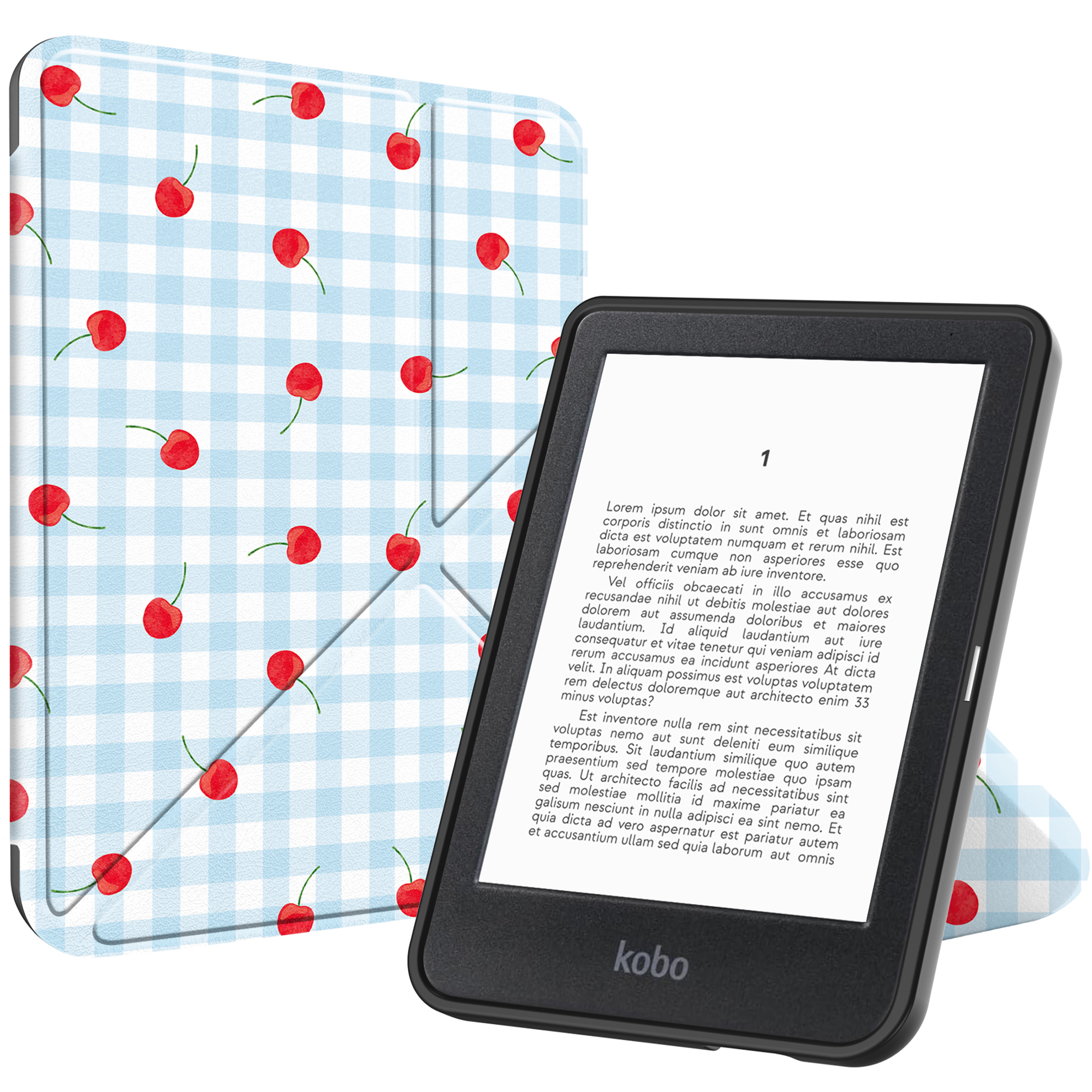 Een e-reader met een hoes met kersjespatroon rust op een blauw geblokte standaard.
