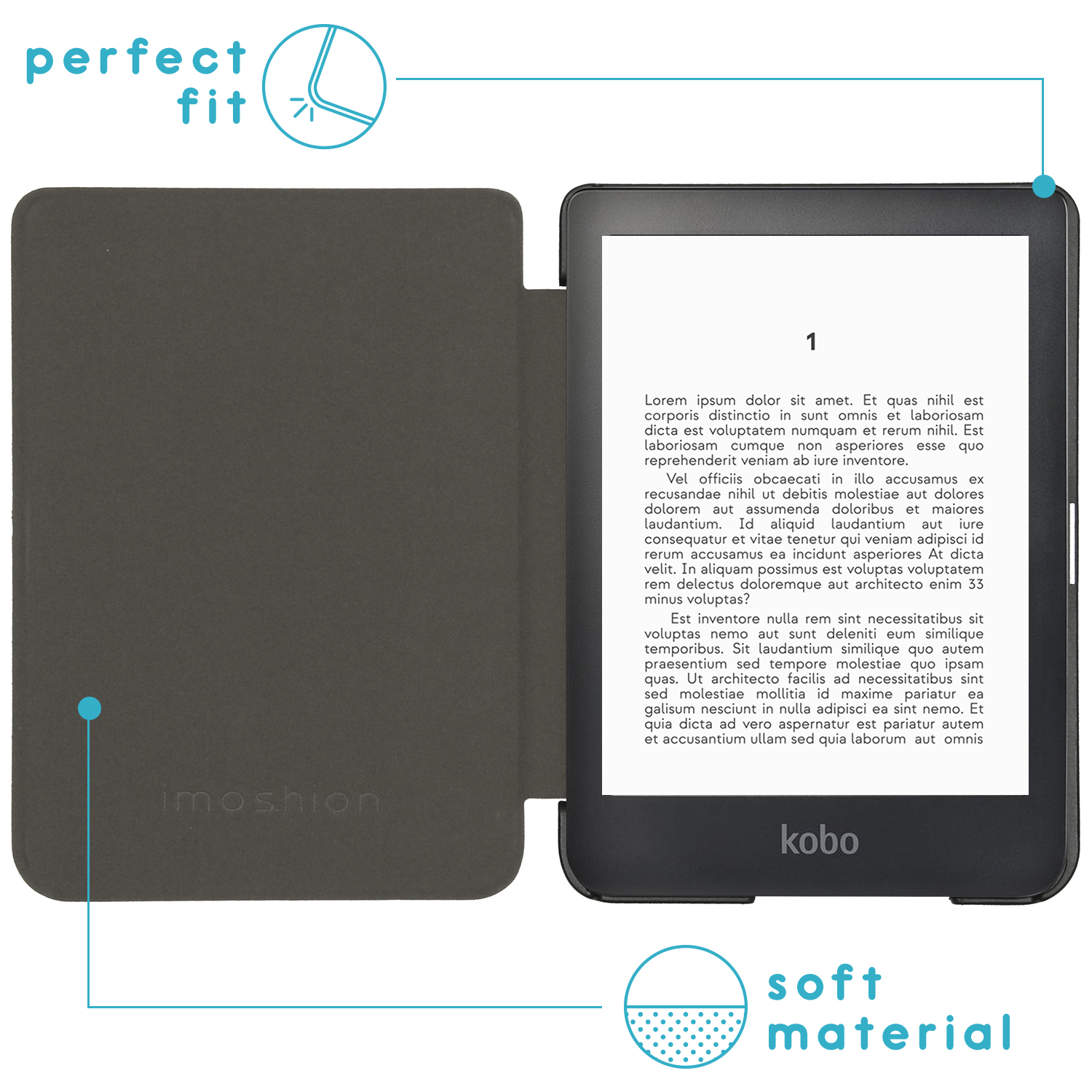 Een Kobo e-reader in een donkere hoes, met nadruk op "perfect fit" en "soft material".