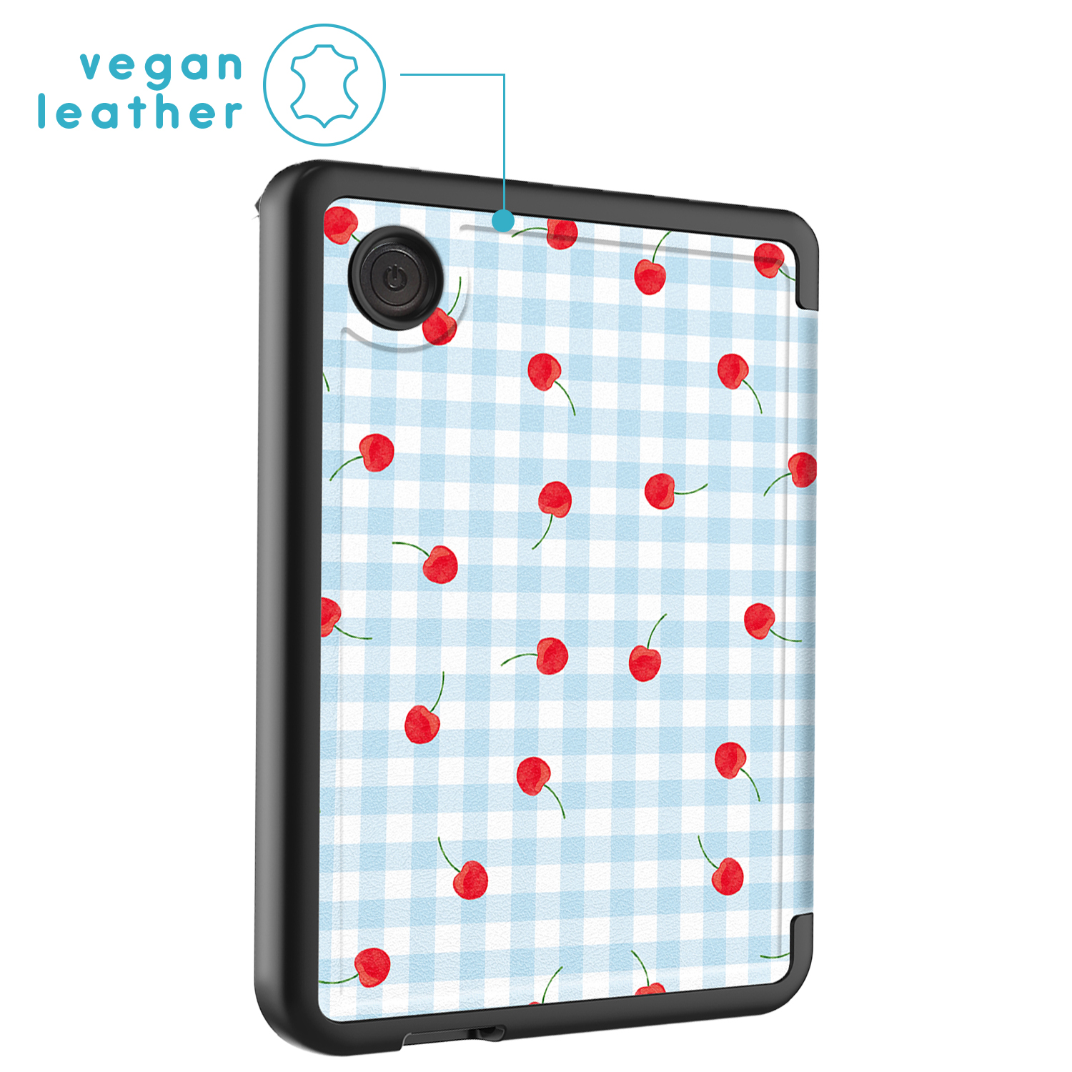 Tablethoes met blauw geblokt patroon en kersen. Veganistisch leer.