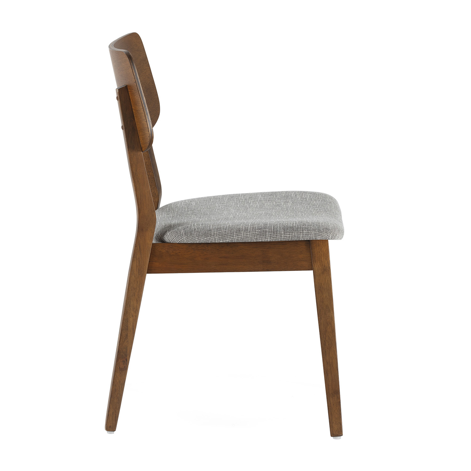 Vista lateral de una silla de madera con asiento tapizado gris.