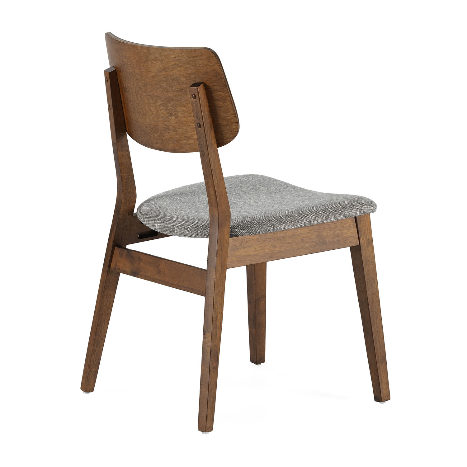 Una silla de madera con asiento gris, vista desde atrás.