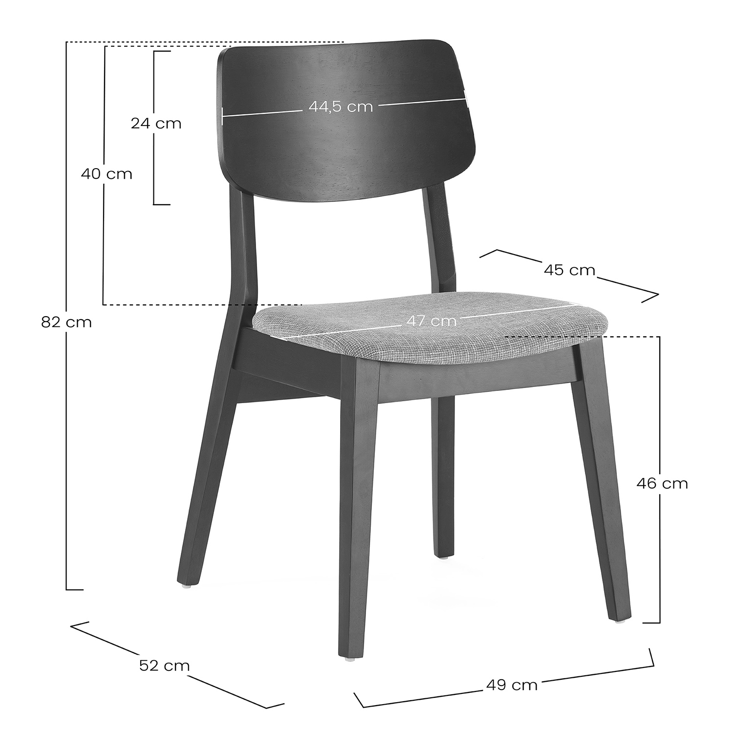 Silla gris oscuro con asiento tapizado, se indican las dimensiones.