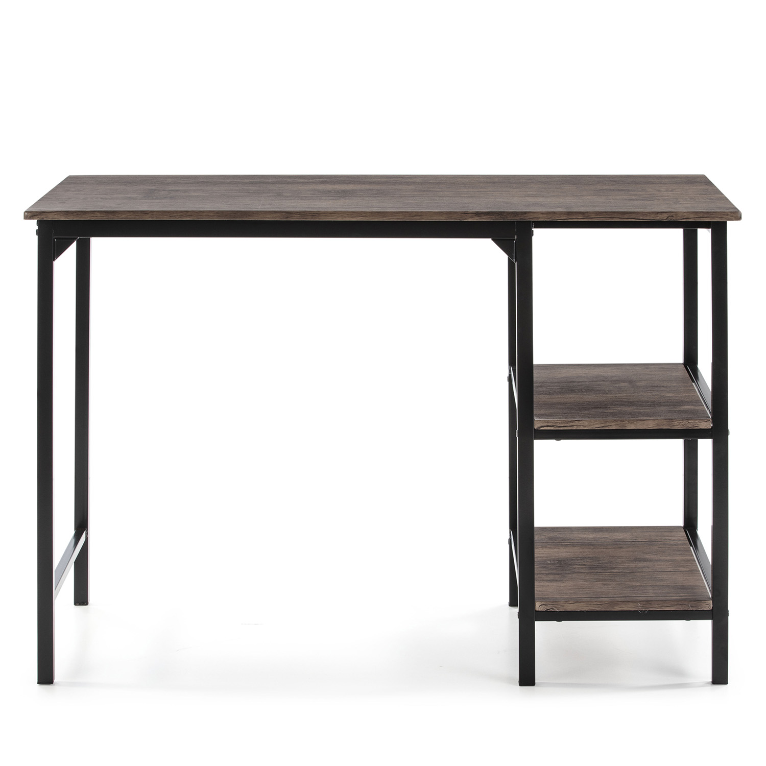 Un escritorio de madera oscura con marco de metal negro y tres estantes abiertos.