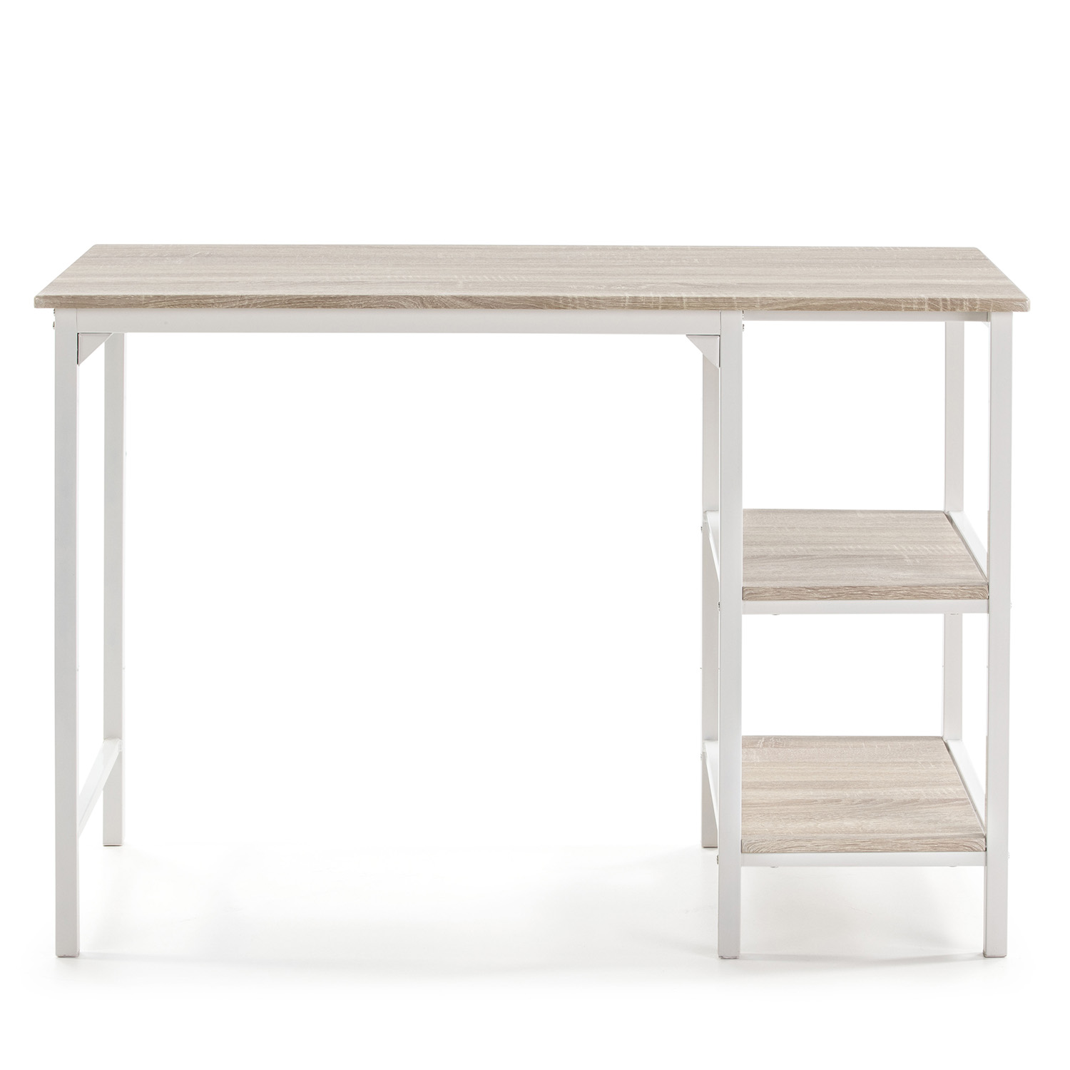Un escritorio de color claro con estructura de metal blanco y tapa de madera.