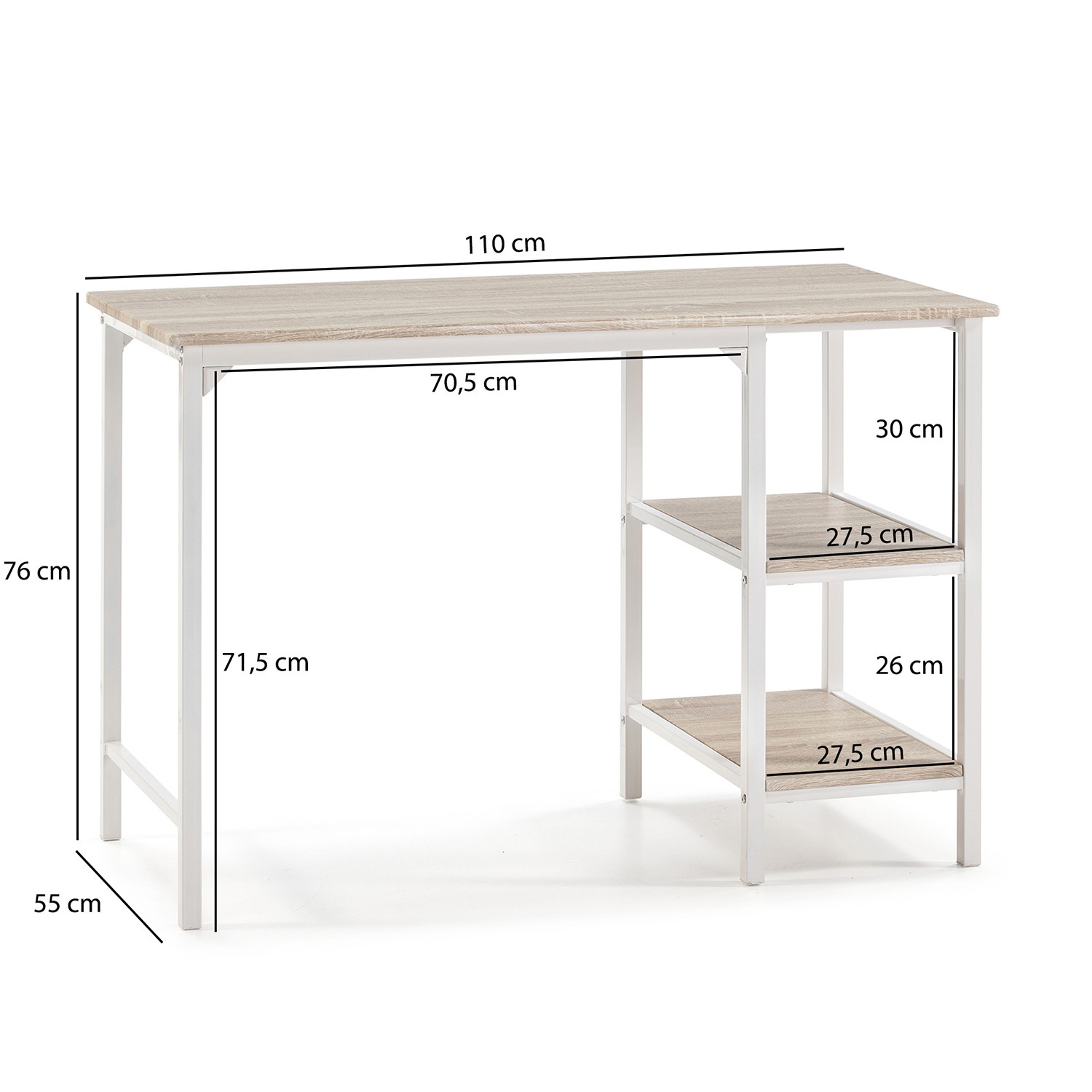 Un escritorio claro con tablero de madera y patas de metal blanco, con estantes.