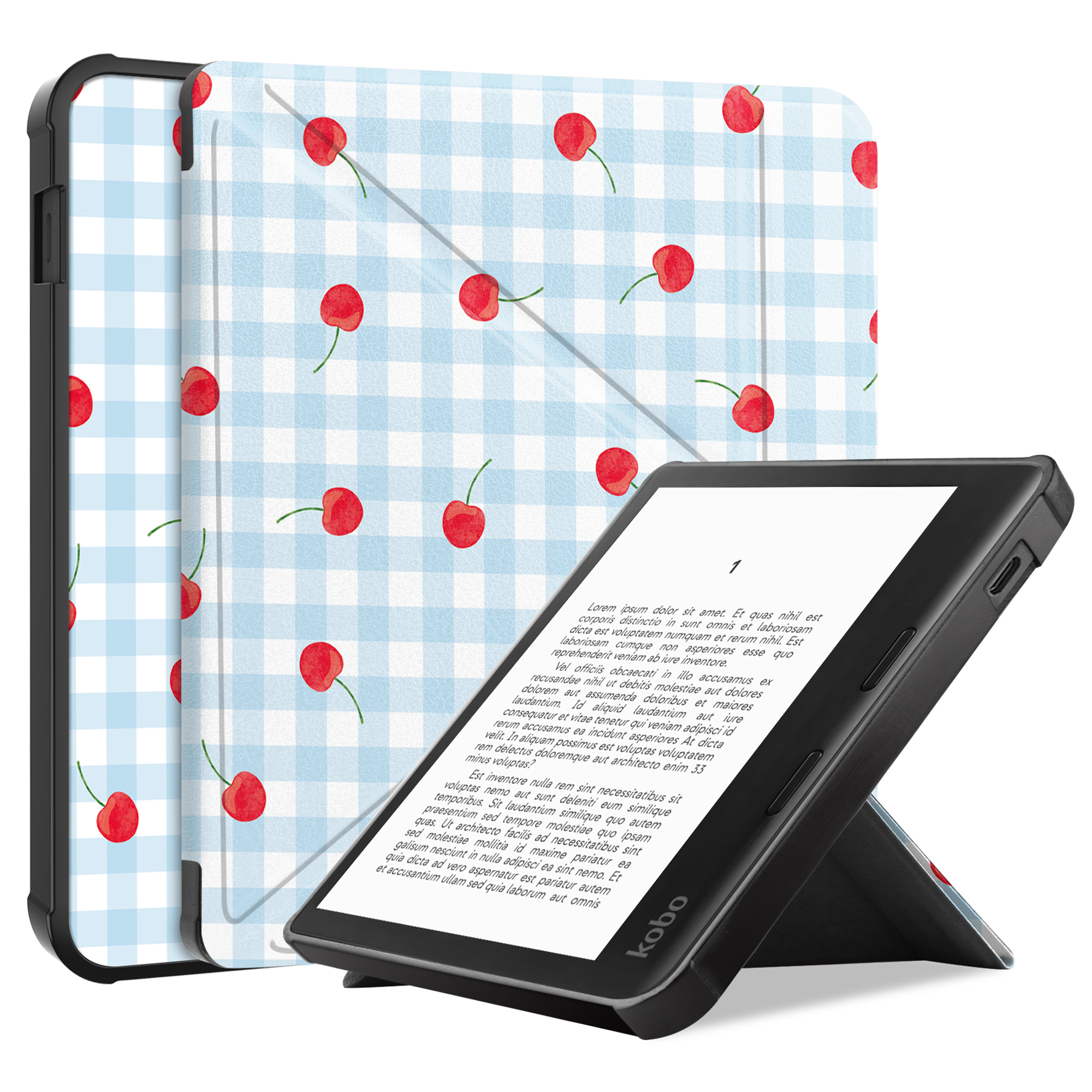 Un e-reader avec une housse à carreaux bleus et blancs ornée de cerises. Un livre est ouvert.