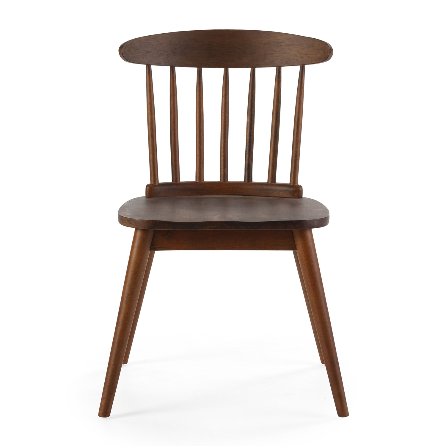 Una silla de madera con asiento redondo y barrotes verticales.