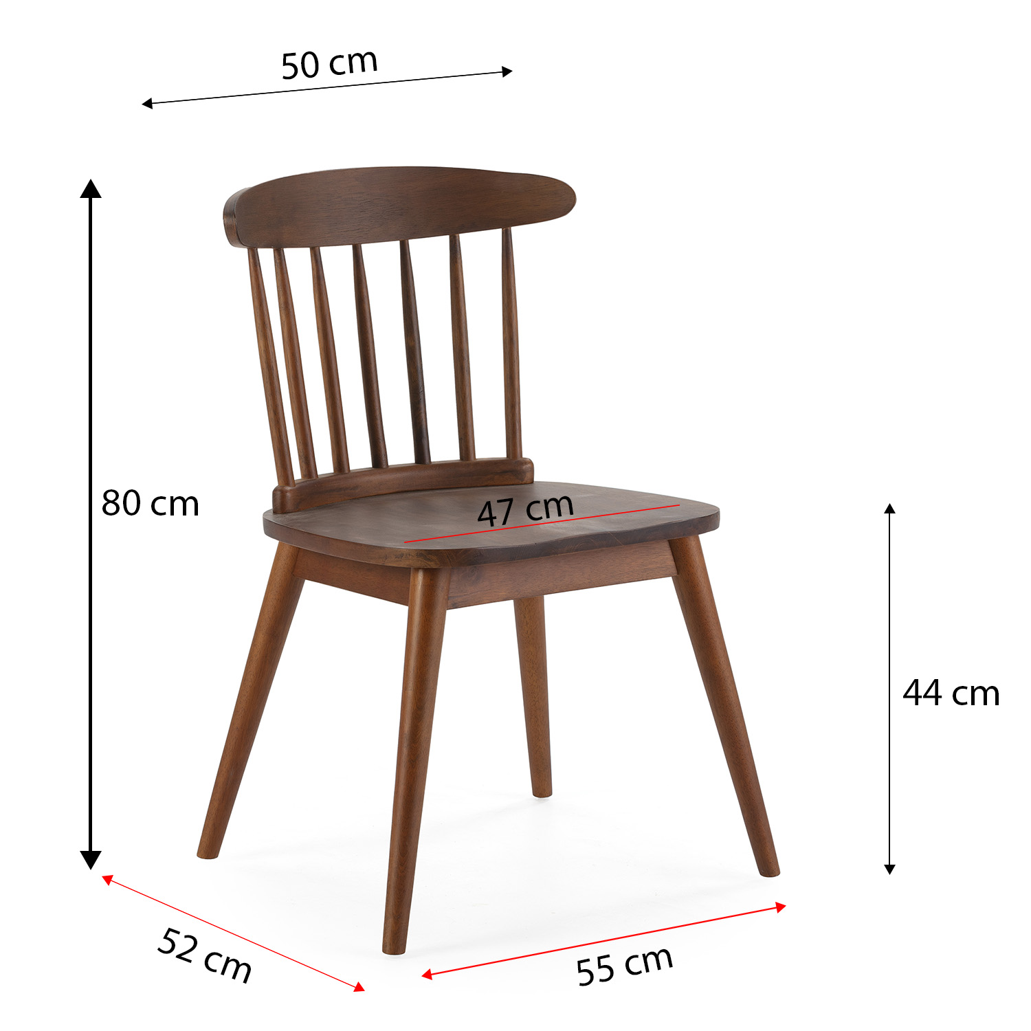 Una silla de madera marrón con dimensiones: 80 cm alto, 50 cm ancho.
