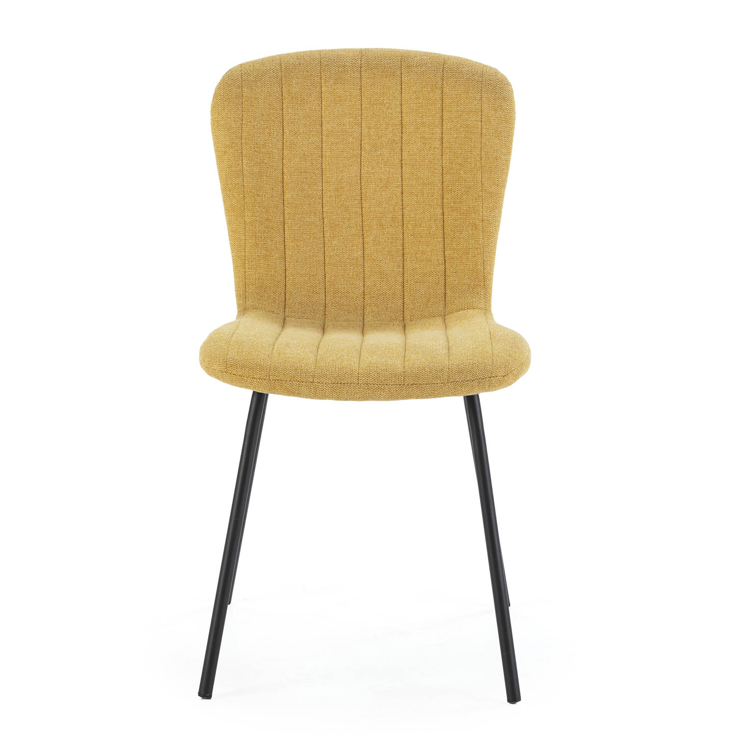 Una silla tapizada amarilla con patas de metal negro sobre fondo blanco.