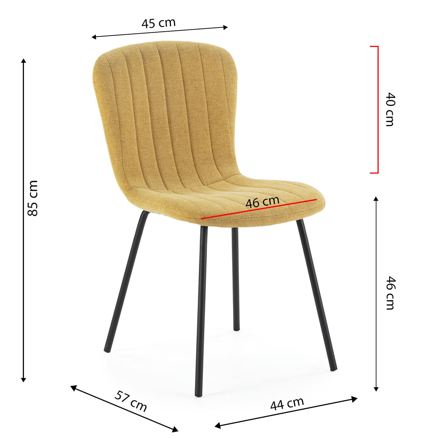 Una silla amarilla con costuras verticales y patas de metal negro.