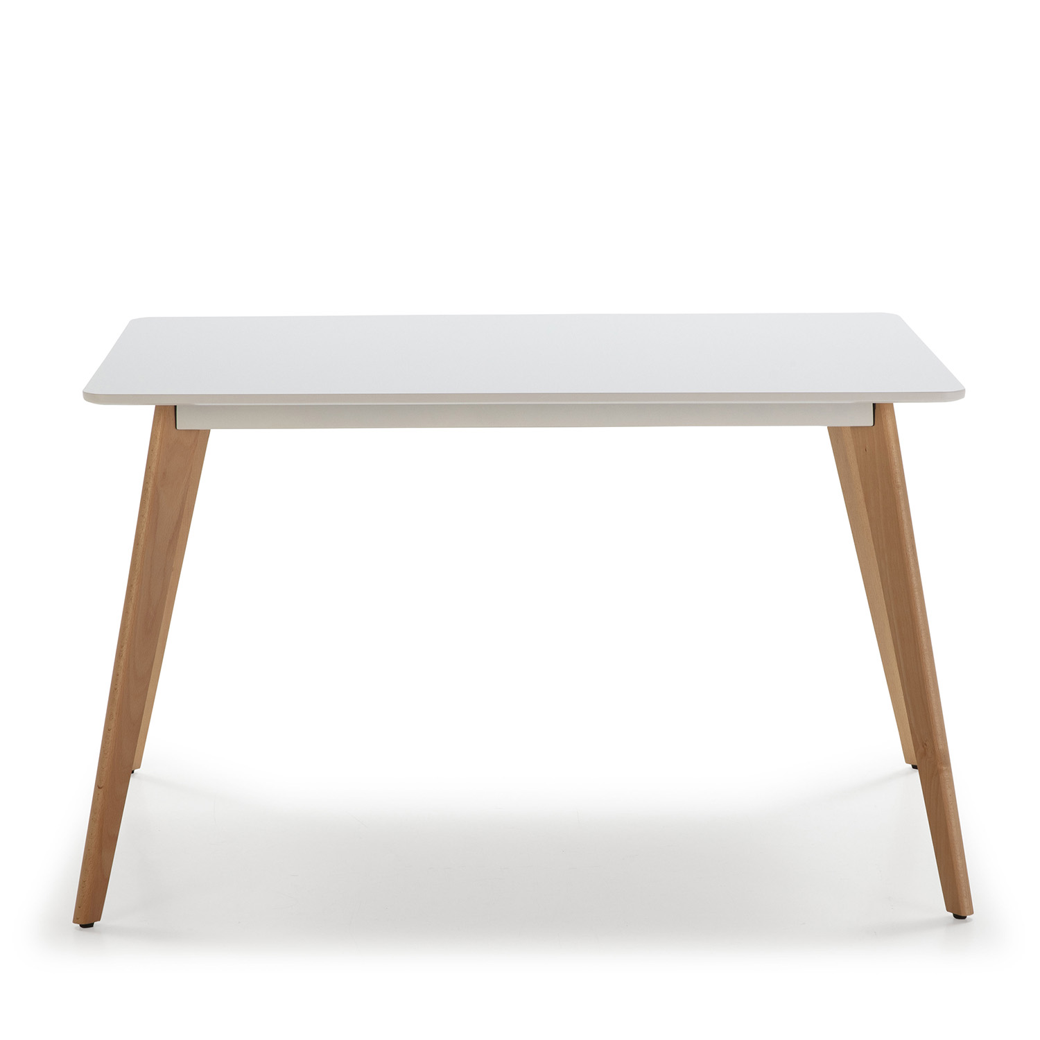 Una mesa rectangular blanca con esquinas redondeadas y cuatro patas de madera marrón claro.