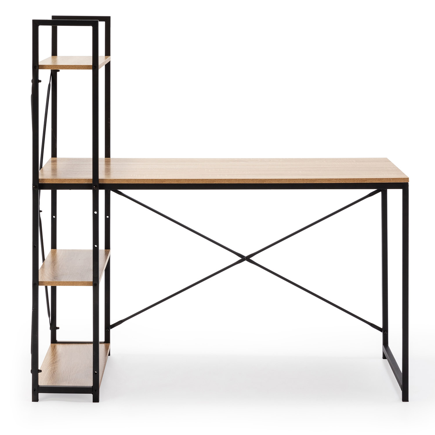 Un escritorio con tablero de madera, patas de metal negro y estanterías.