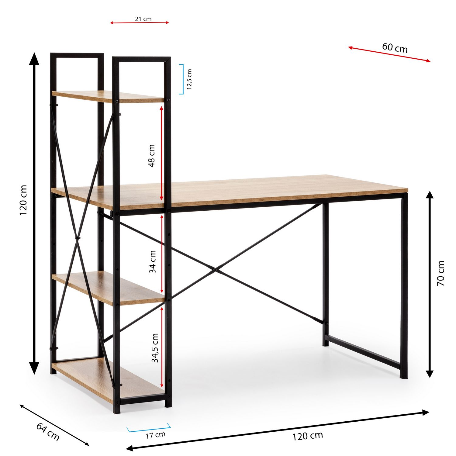 Un escritorio con estantes. Dimensiones: 120x60x70cm. Tablero de madera, marco negro.