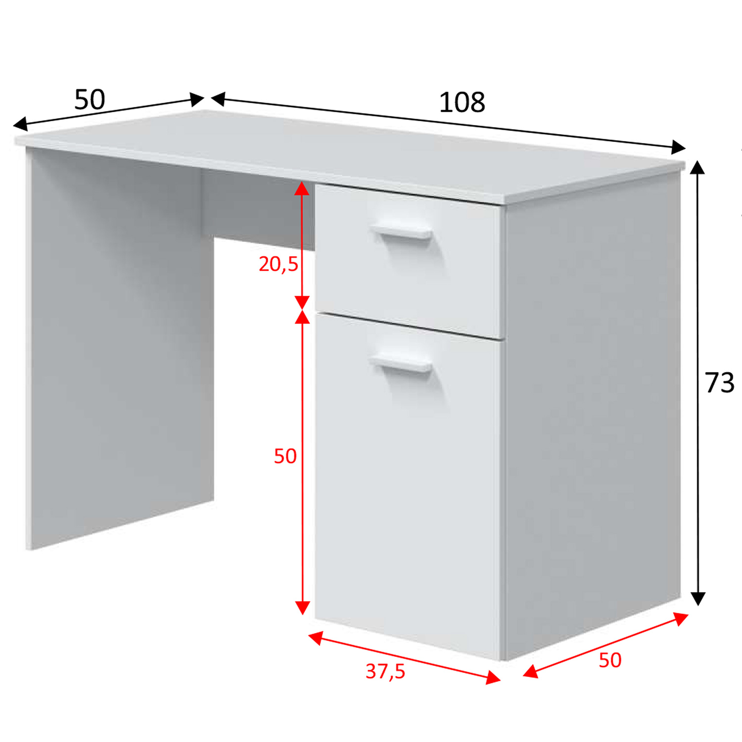Un escritorio blanco con dimensiones: 108x50x73 cm. Tiene dos cajones.