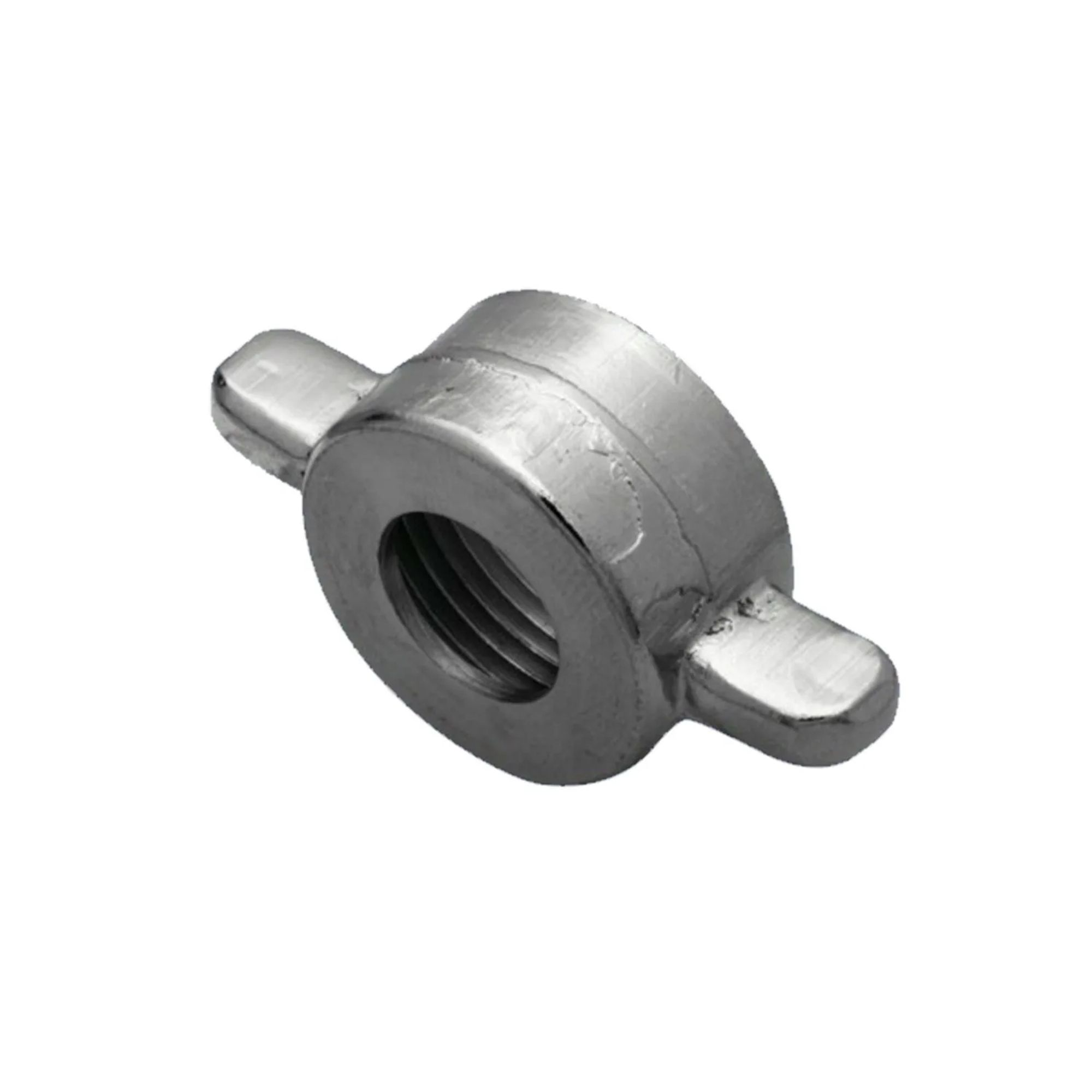 A silver wing nut fastener with internal threads.