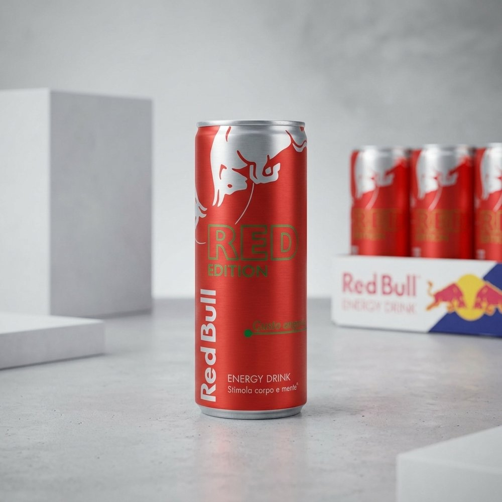 Lattina rossa Red Bull con logo argentato, con altre lattine in una confezione accanto.
