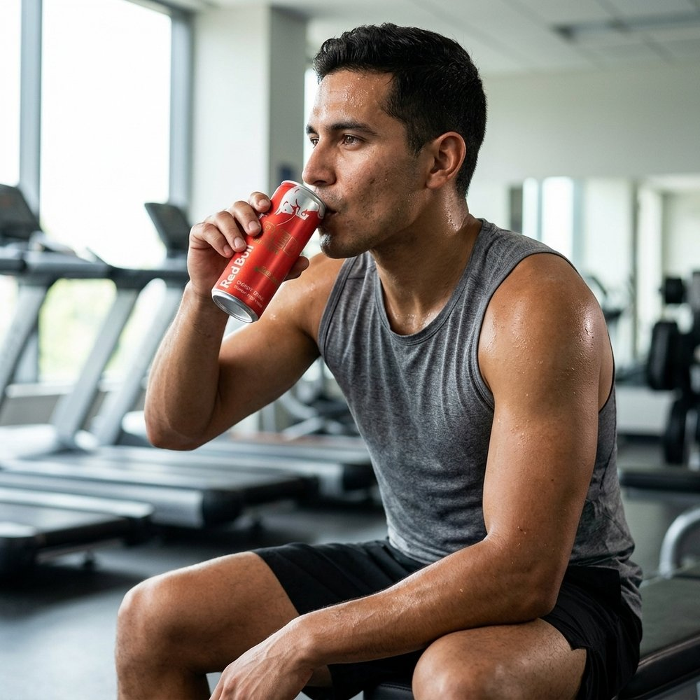 Uomo beve Red Bull in palestra, seduto su una panchina.