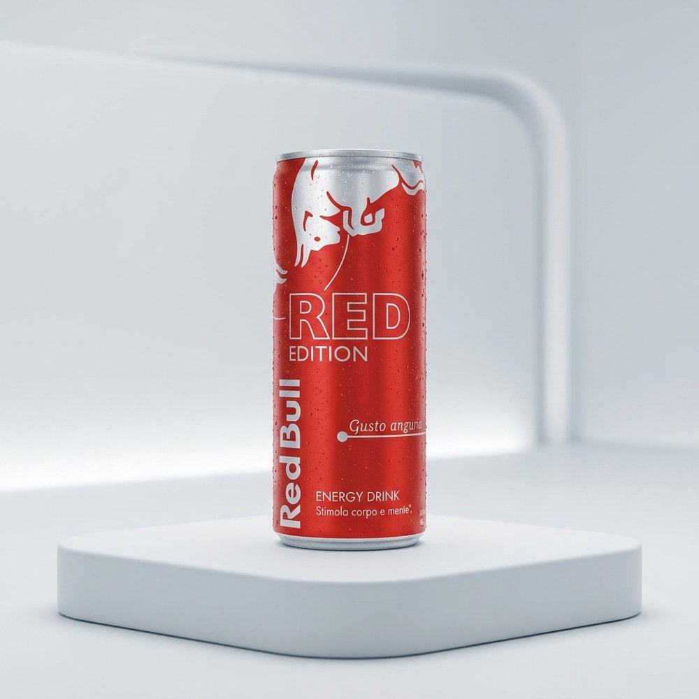 Una lattina rossa Red Bull con goccioline d'acqua su un piedistallo bianco.