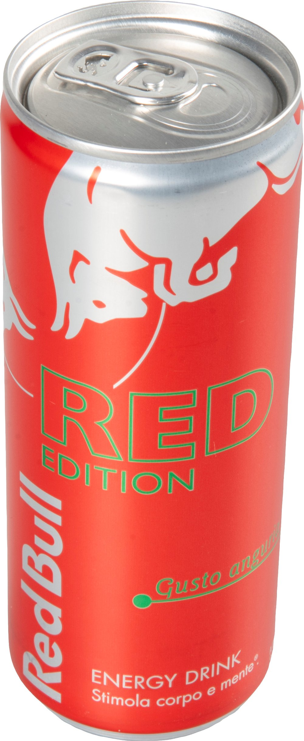 Una lattina rossa Red Bull con coperchio argentato e logo Red Bull.