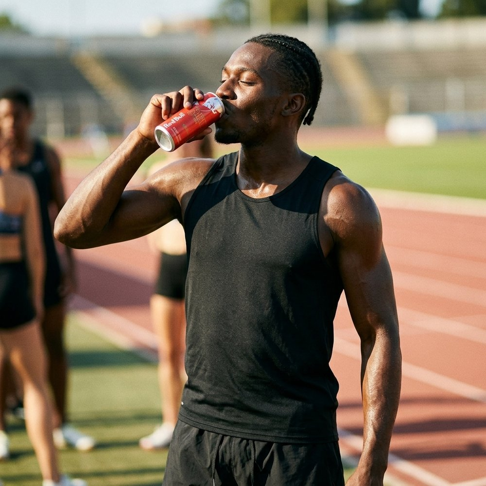 Atleta in canottiera nera beve da lattina Red Bull su pista con altri.