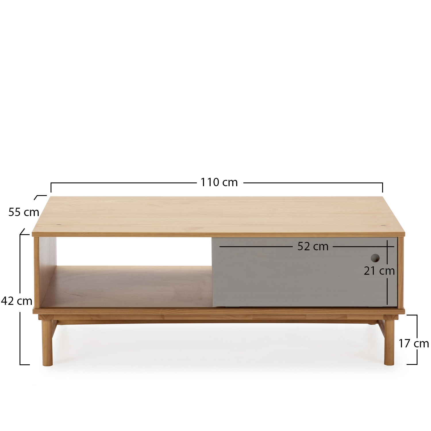 Mesa de centro de madera con estante abierto y cajón. Dimensiones: 110x55x42 cm.