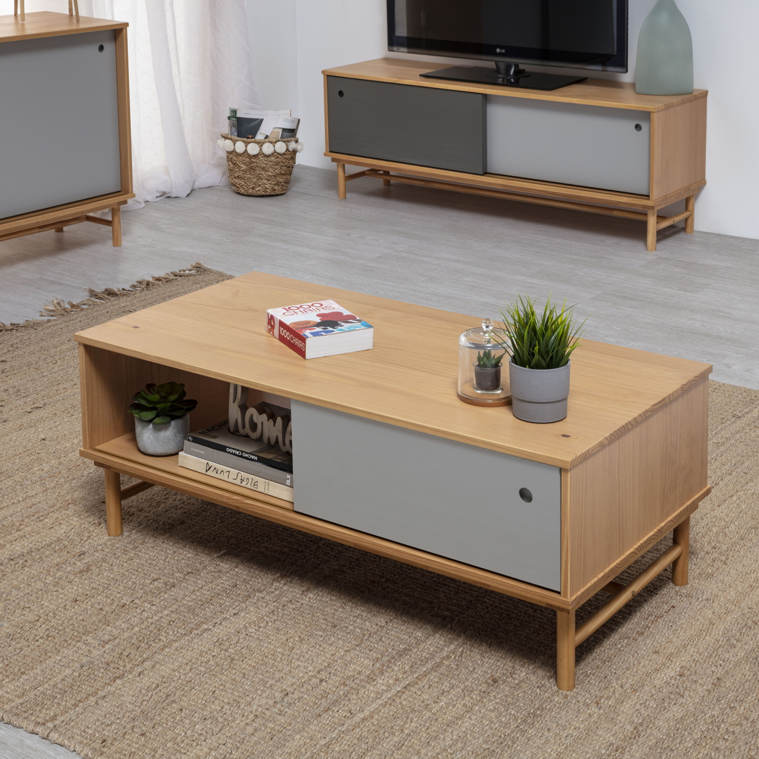 Una mesa de centro de madera con cajón gris, libros, planta y campana de cristal.