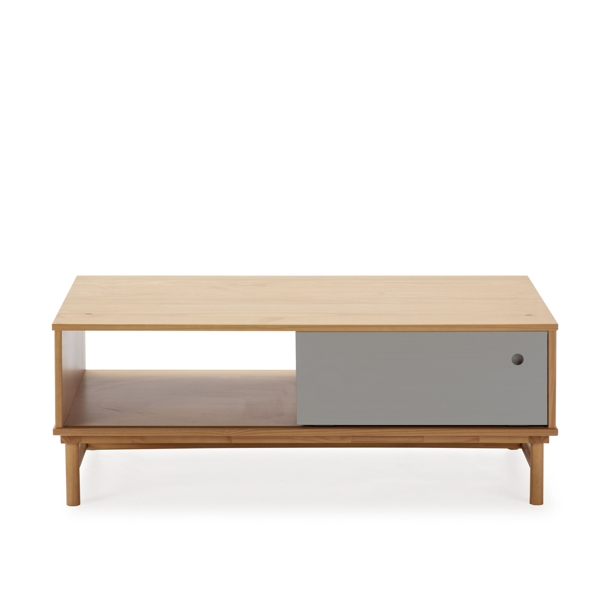 Una mesa de centro de madera con un compartimento abierto y un cajón gris.