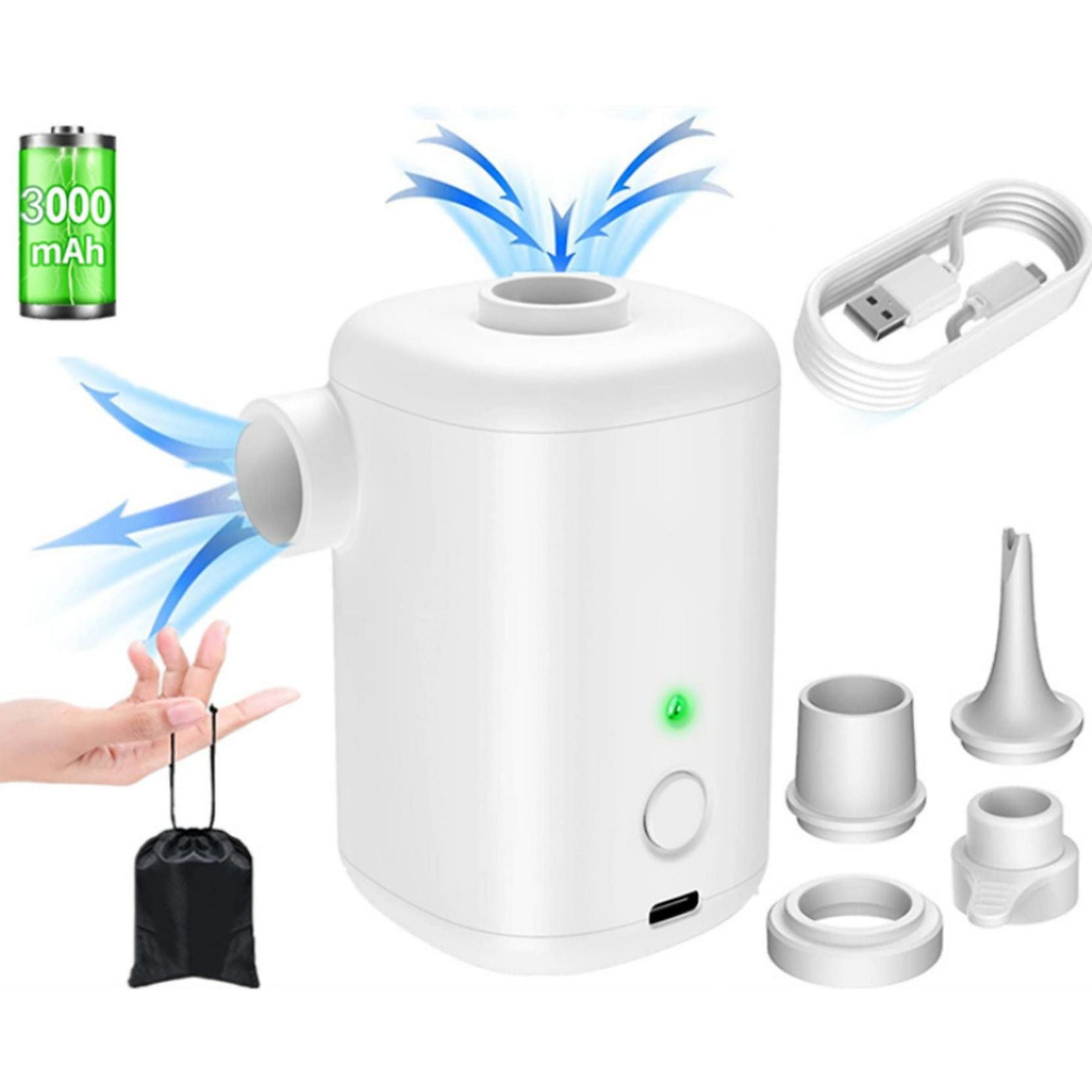 Ein weißes Luftpumpen-Set mit USB-Kabel, Düsen und Akku-Symbol.