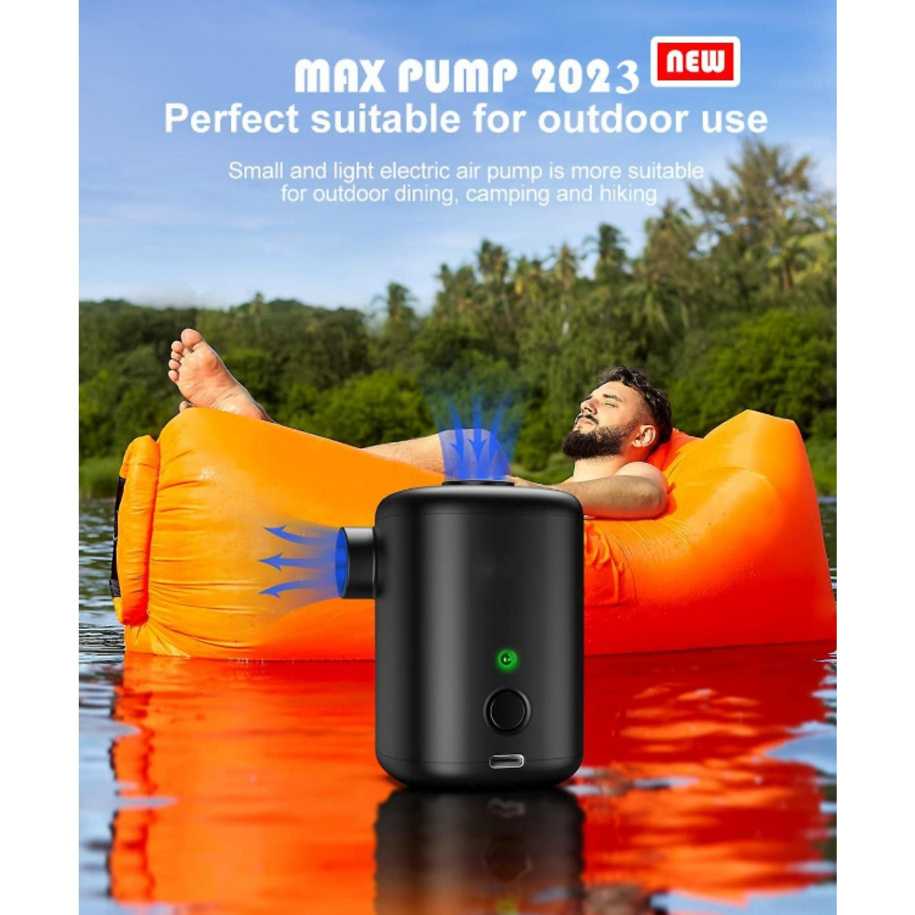Ein Mann entspannt sich auf einem orangen Schlauchboot, während eine schwarze Luftpumpe daneben steht.