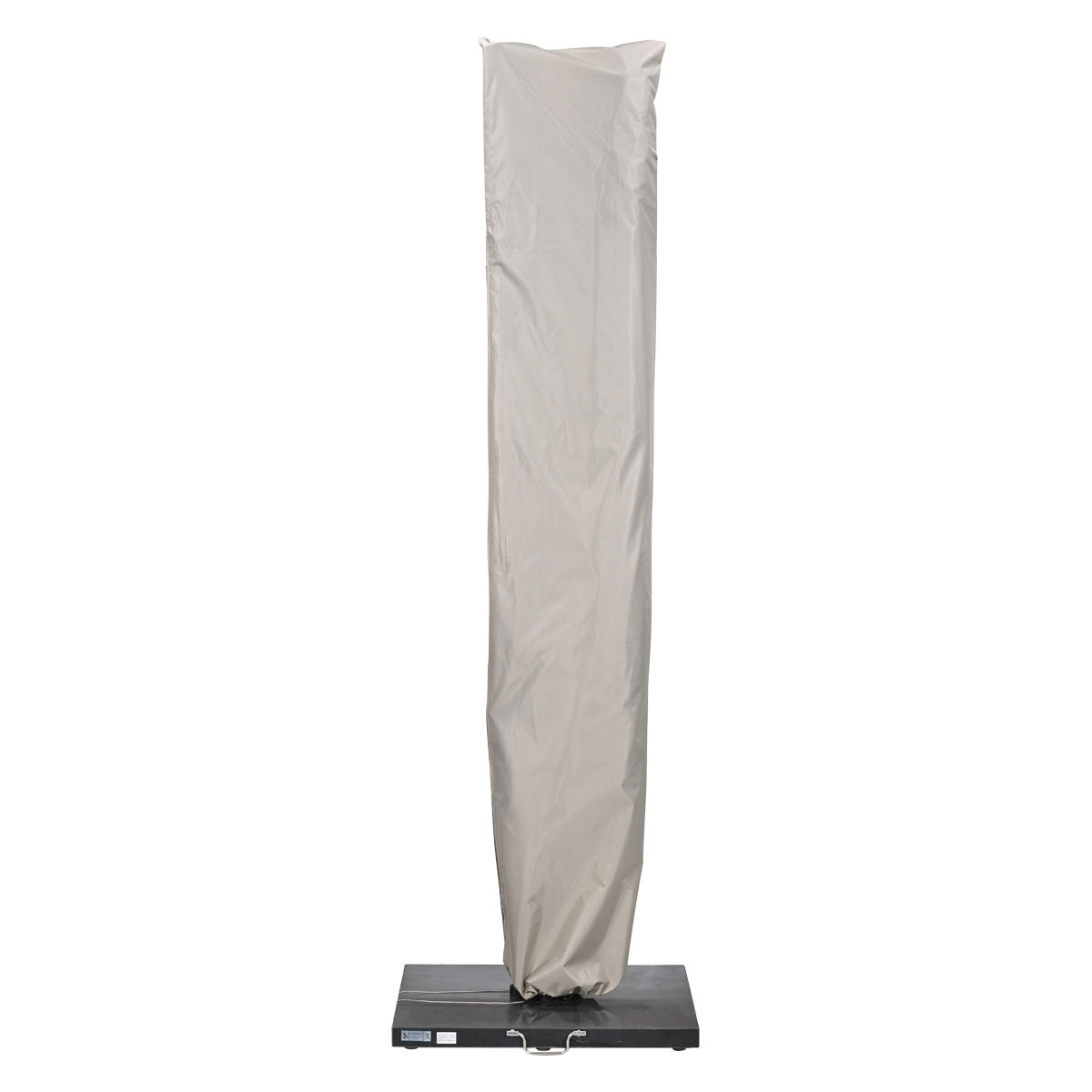 A light gray umbrella cover is on a rectangular base.