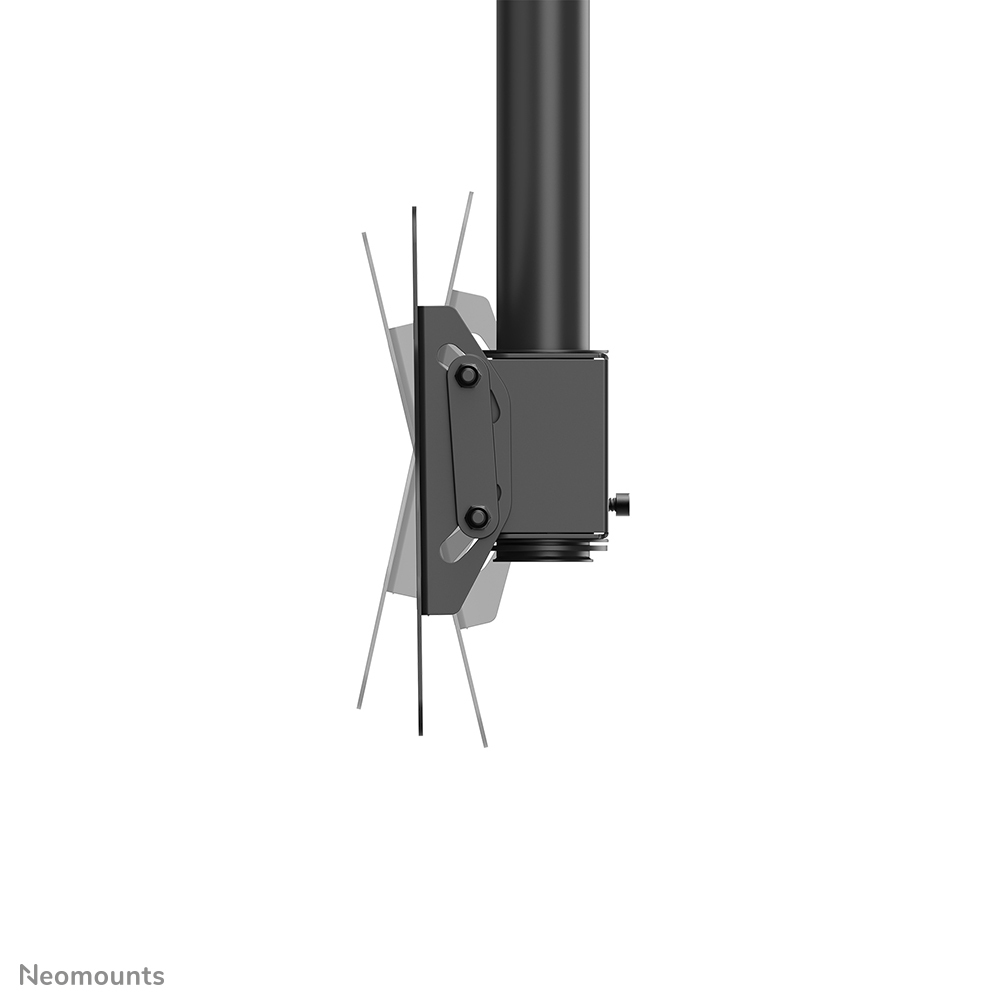 Schwarze Deckenhalterung mit verstellbarem Arm für einen Bildschirm.