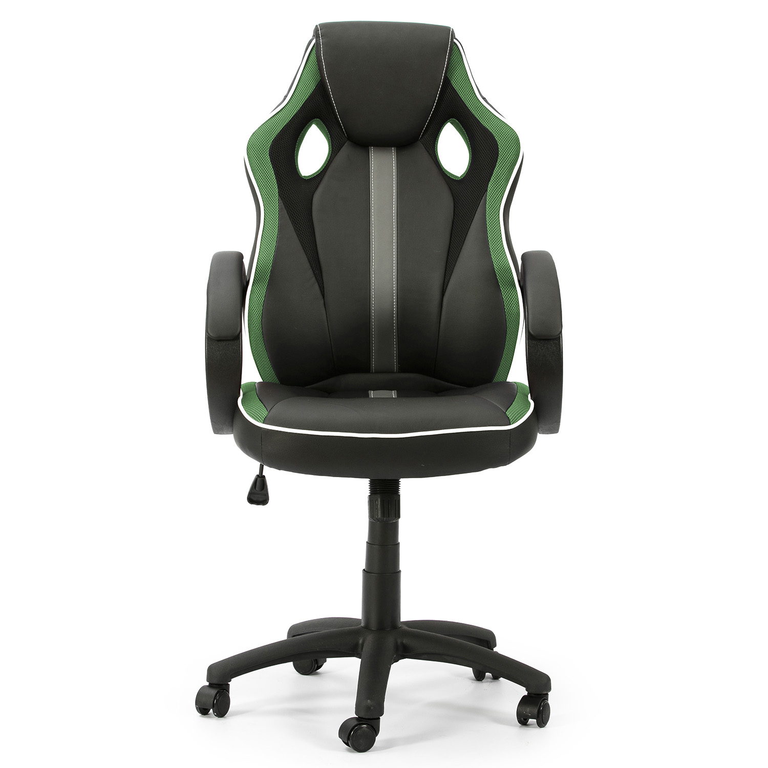 Silla gamer negra con detalles verdes y blancos, con ruedas.