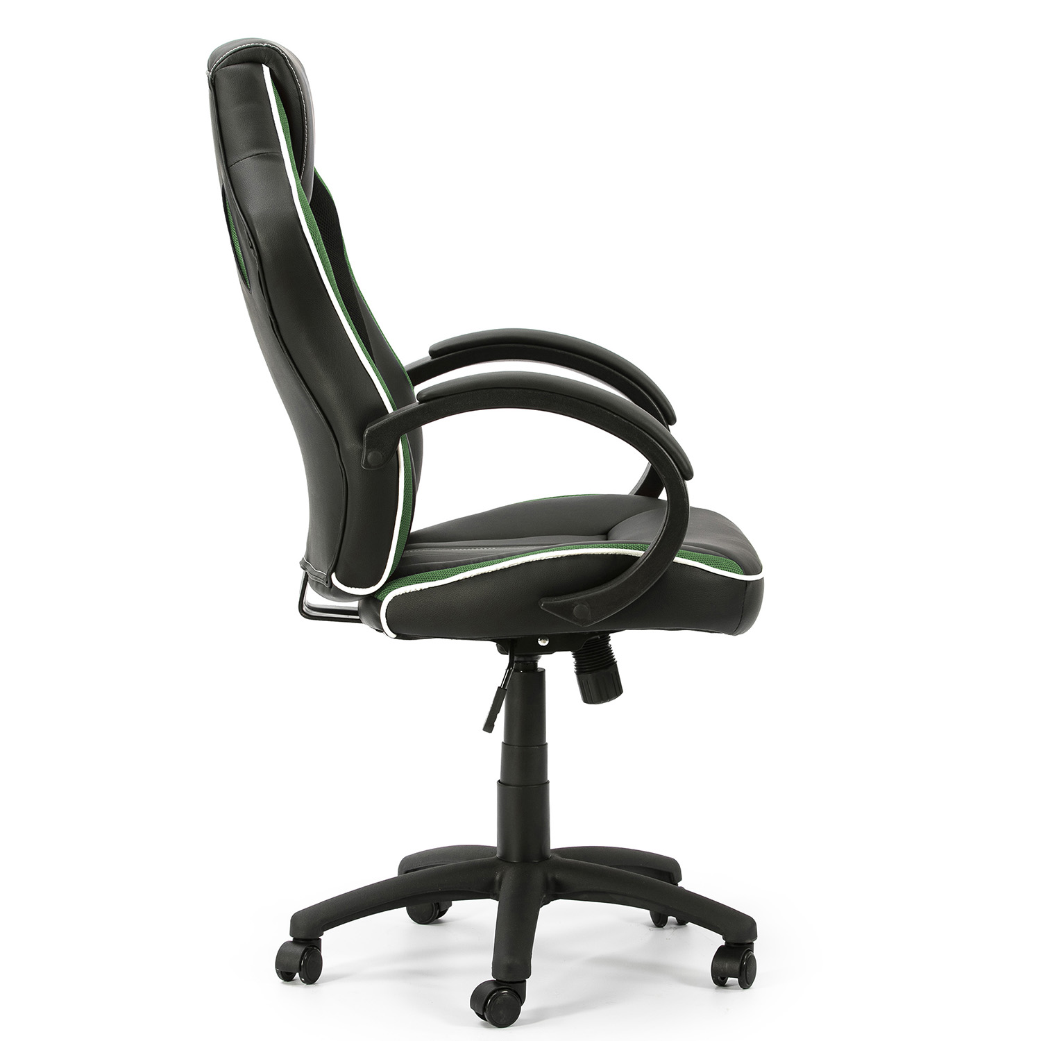 Silla de oficina negra con detalles verdes y blancos, con ruedas.