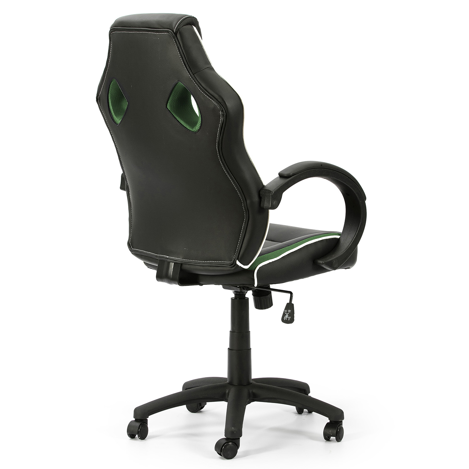 Silla gamer negra con detalles verdes, vista desde atrás.