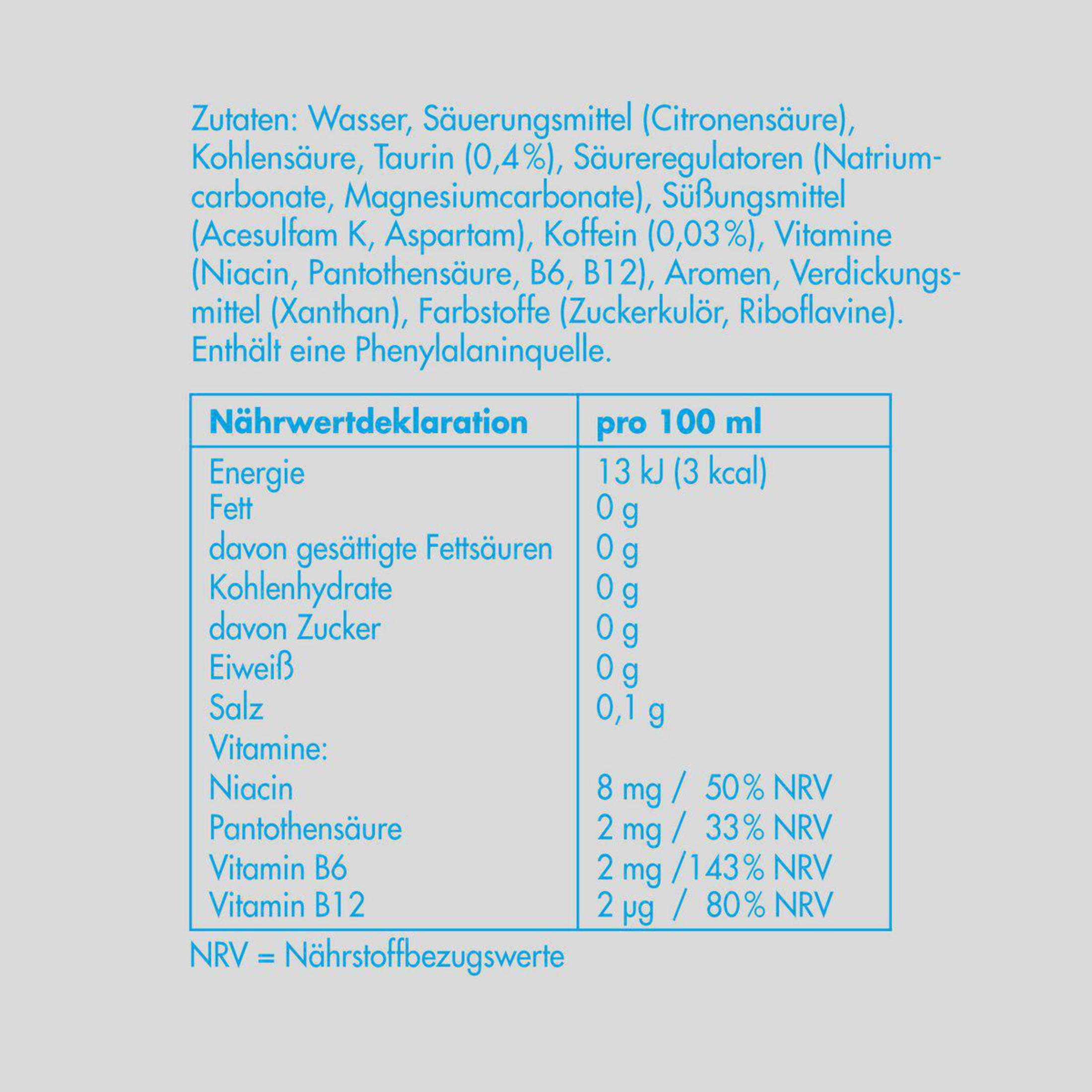Informazioni nutrizionali per 100ml: 13 kJ/3 kcal, 0g grassi, 0g carboidrati, 0,1g sale.