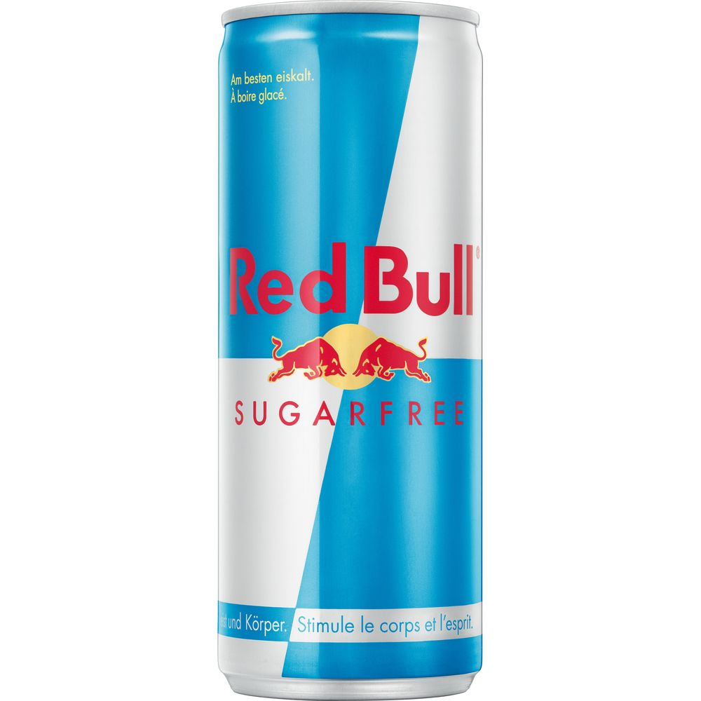 Lattina Red Bull Sugarfree con due tori rossi e sole su sfondo bianco e blu.