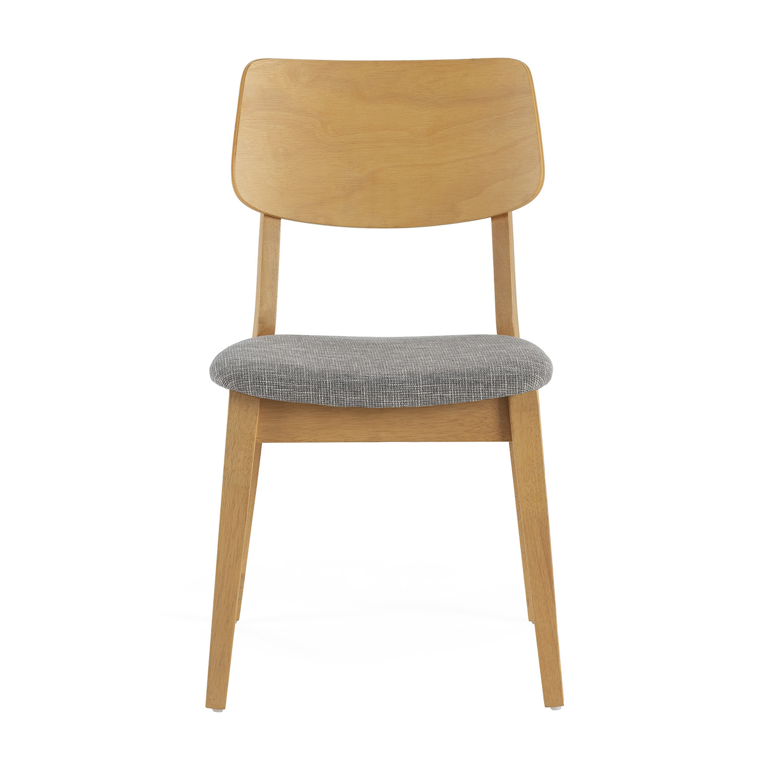 Una silla moderna de madera con asiento y respaldo tapizados en gris.