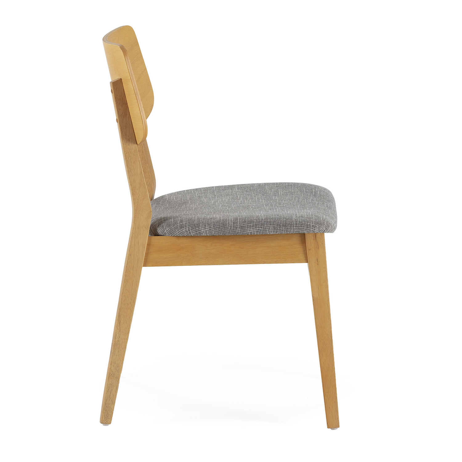 Silla de madera con asiento tapizado gris vista de lado.
