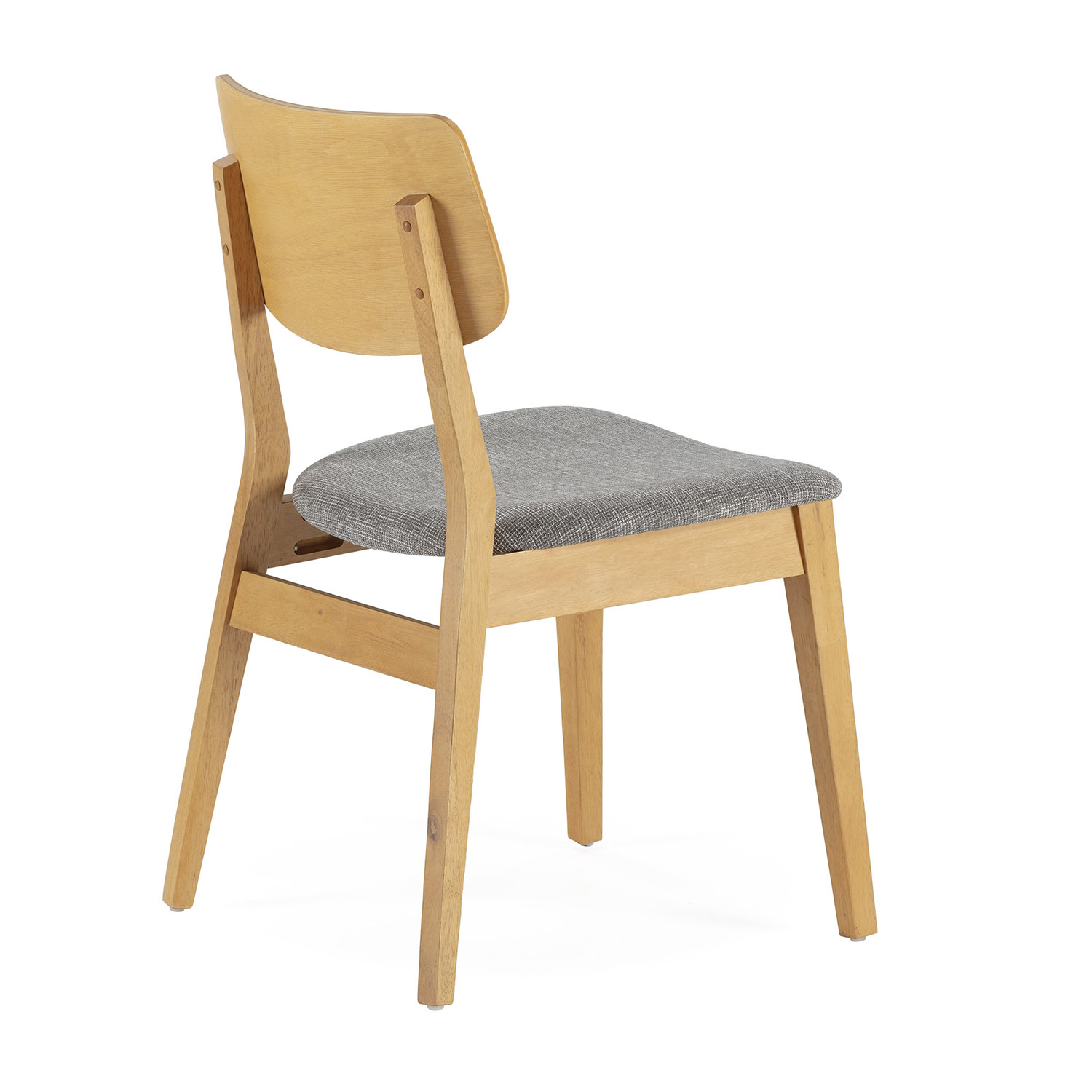 Una silla de madera con tapicería gris y respaldo curvo, vista desde atrás.